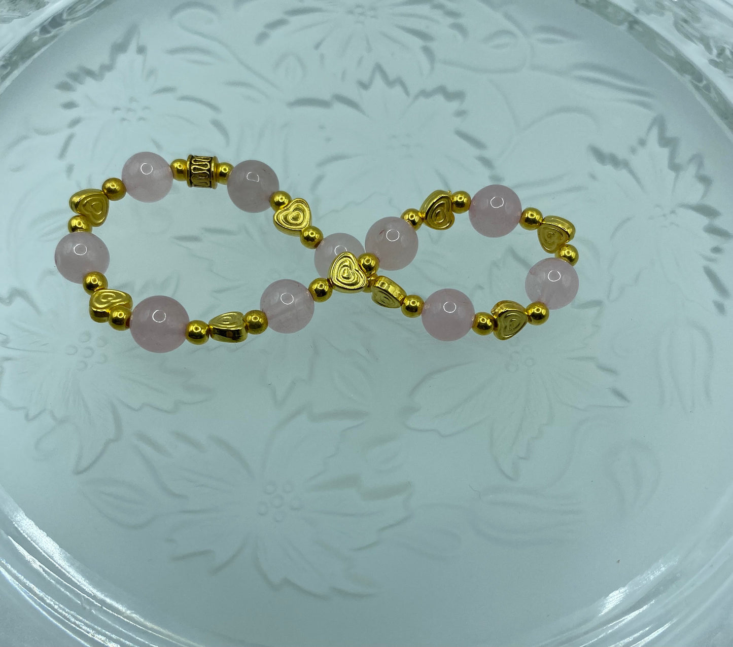 Rose Quartz Bracelet: 18k Gold Heart Charms, Gold Hematite Beads