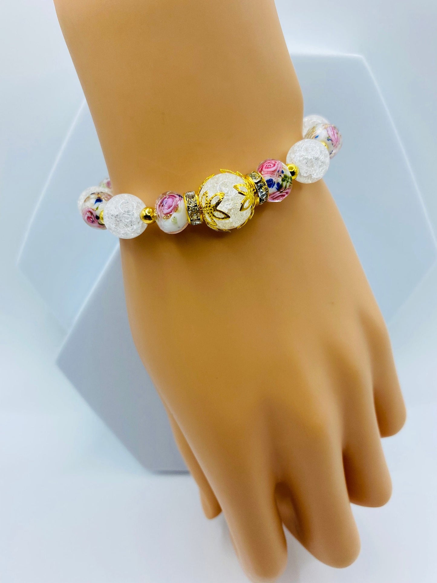 Quartz Crystal Bracelet: Lampwork Floral Glass & 18k Gold Hematite Beads