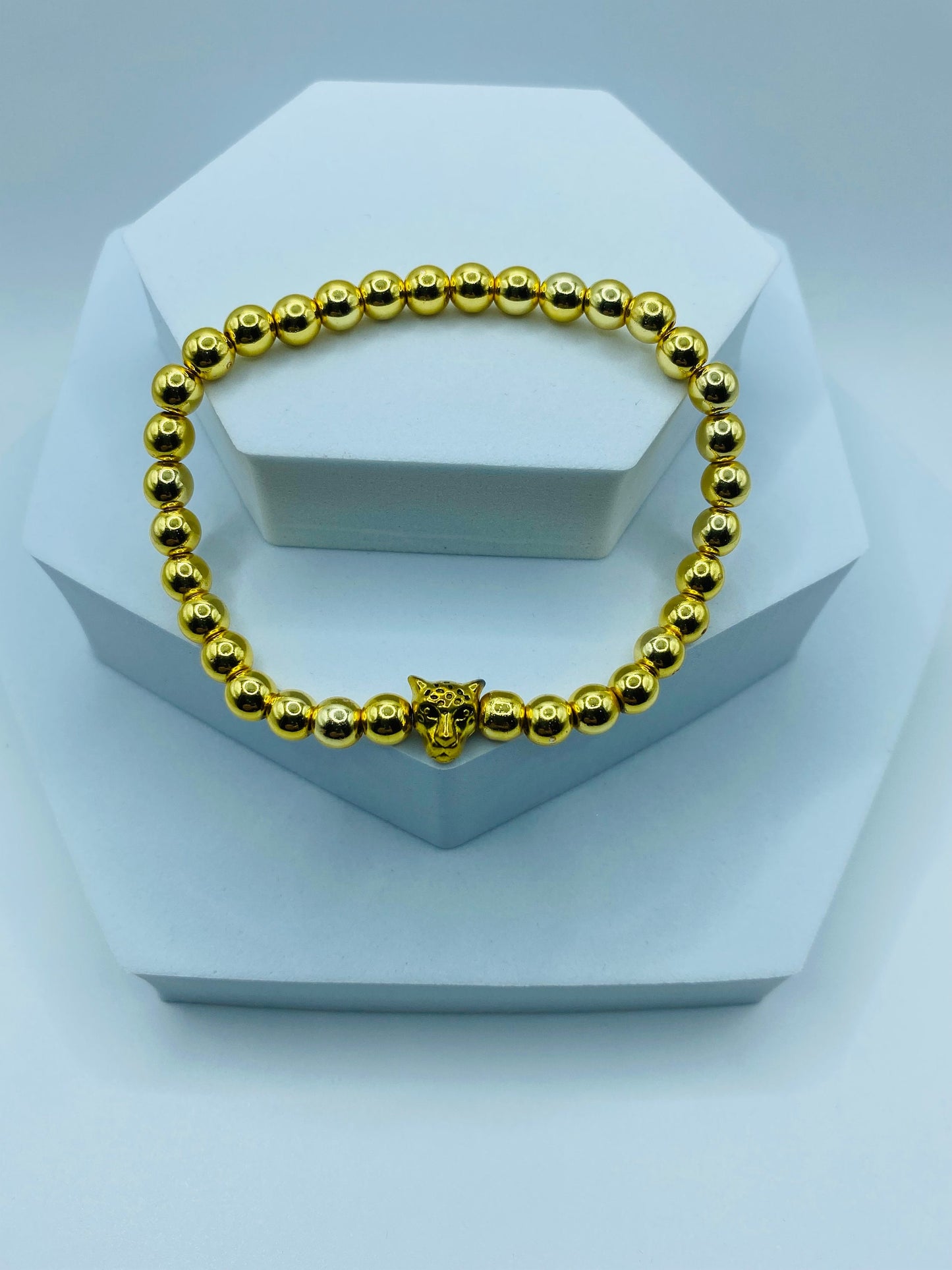18K Gold Plated Tennis Bracelet: Hematite Beads & Leopard Charm