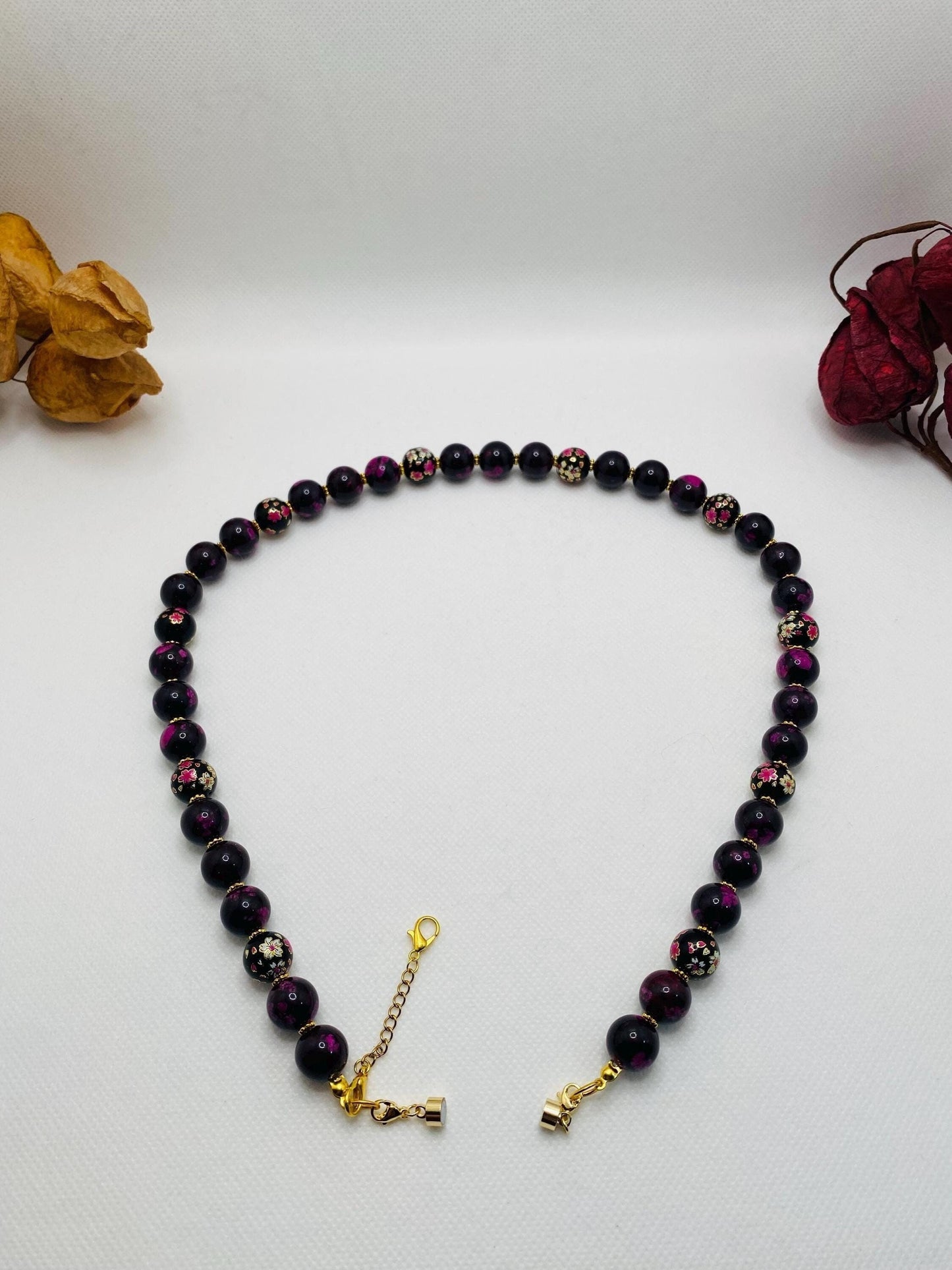 Dark Red Jasper Beaded Necklace: Floral Glass & Gold Accents