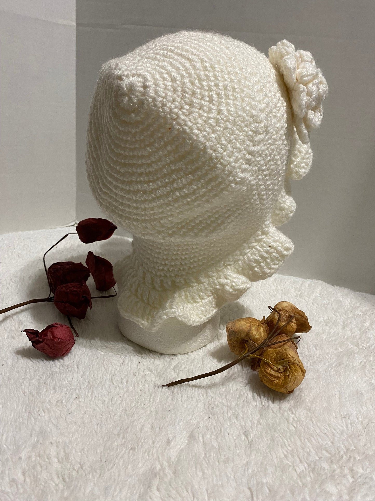 Handmade Crochet Bucket Hat: White Acrylic Flower Hat