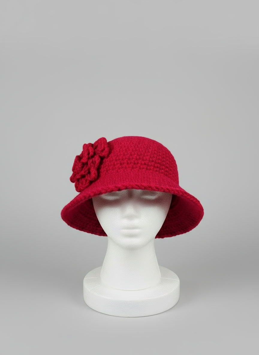 Hot Pink Crochet Bucket Hat with Flower: Handmade Acrylic Sun Hat