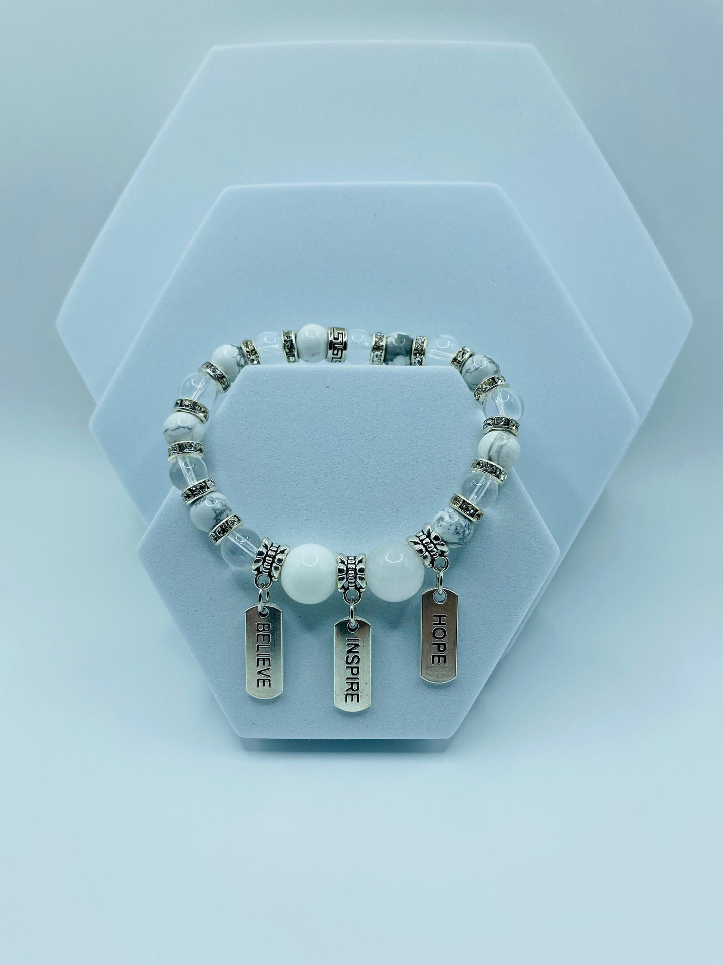 Inspirational Gemstone Bead Bracelet: Stainless Steel Word Charms