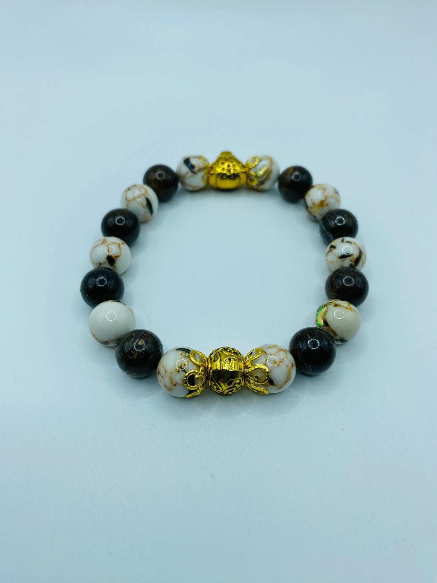 Leopard Charm Bracelet: Bronzite & White Shell Turquoise Gemstone Beads