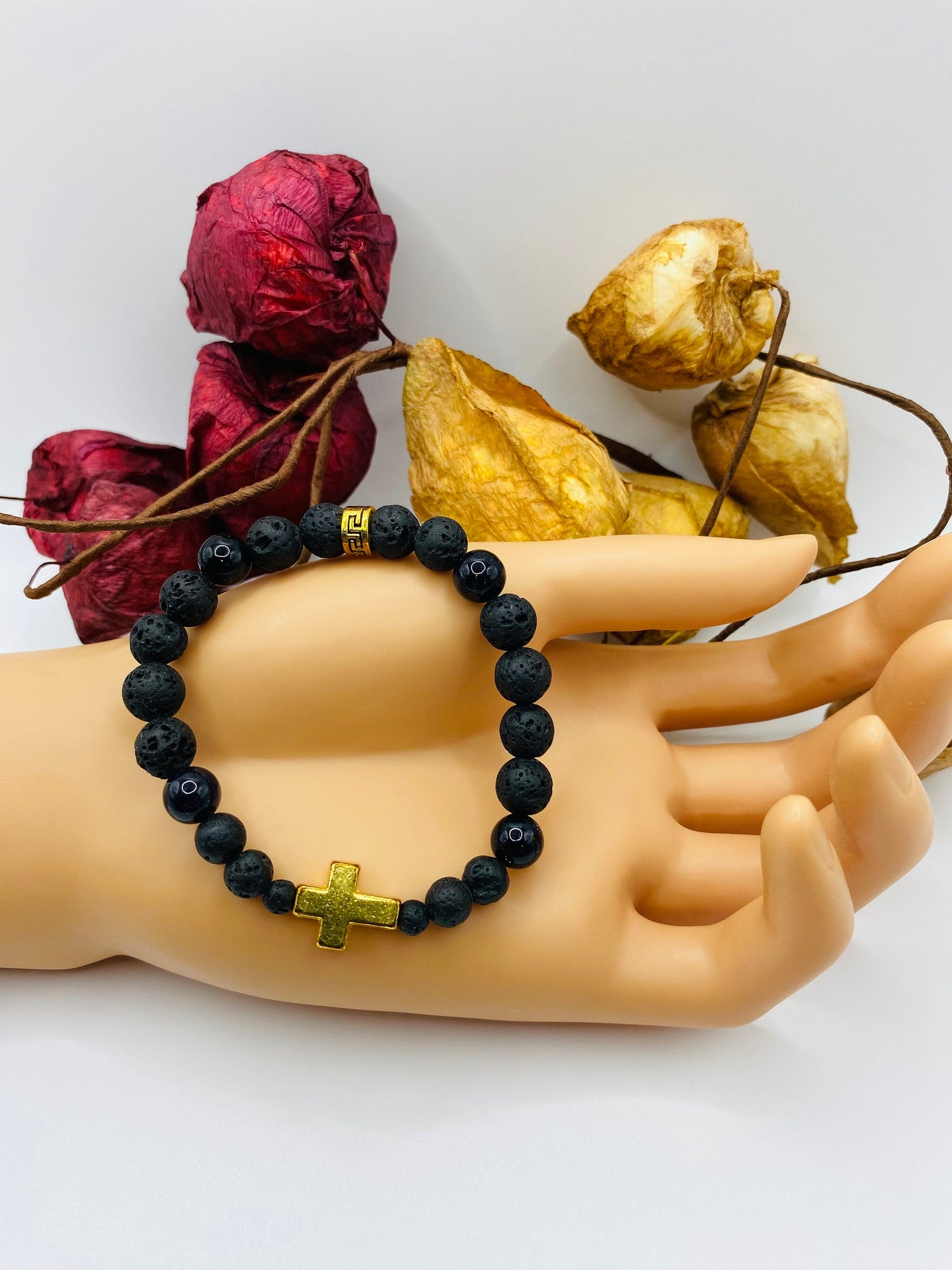 Gold Cross Lava Rock Bracelet: Black Onyx Gemstone Beads