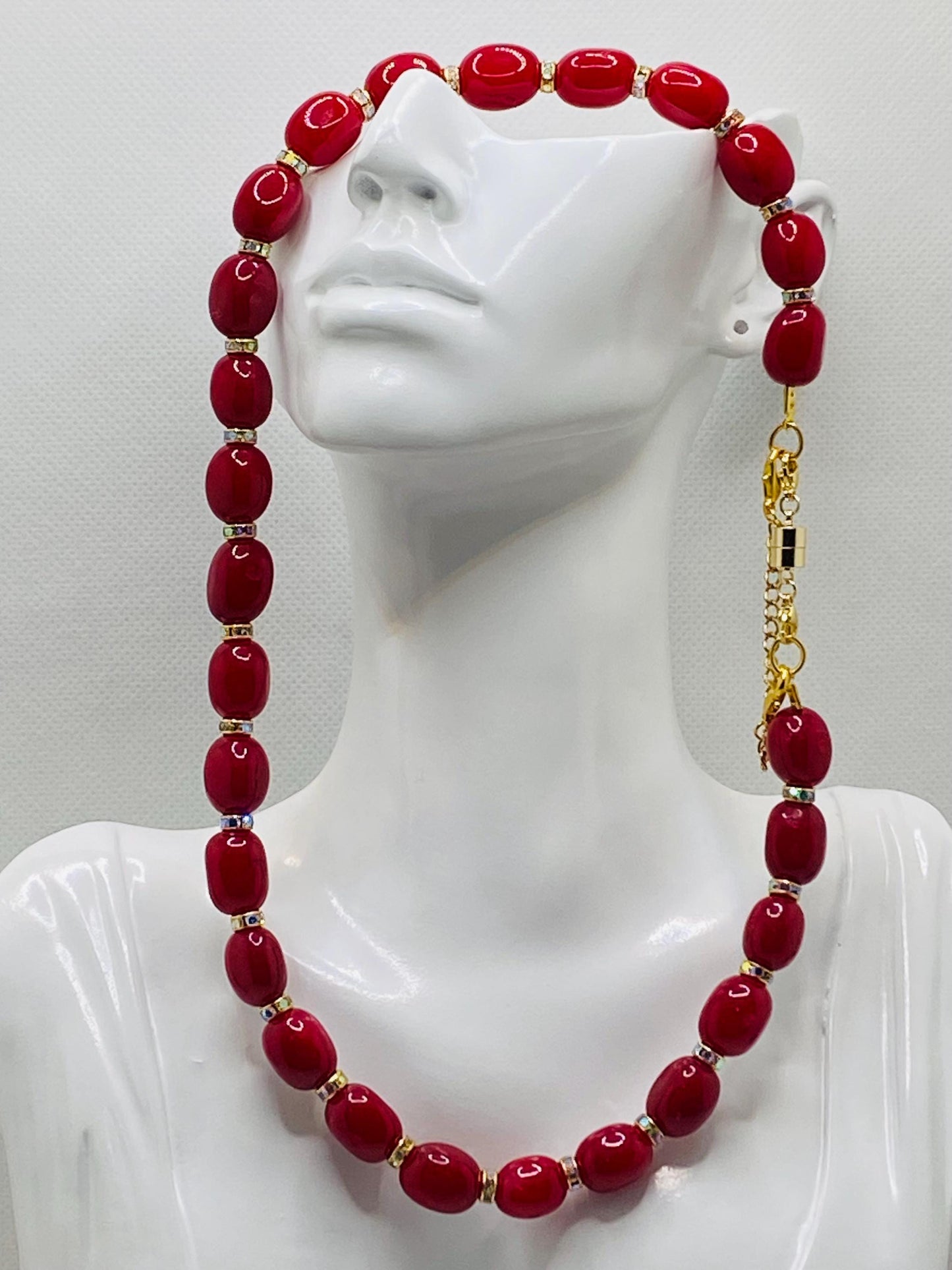 Red Jade Gemstone Necklace: Rhinestone Rondelles, Magnetic Clasp