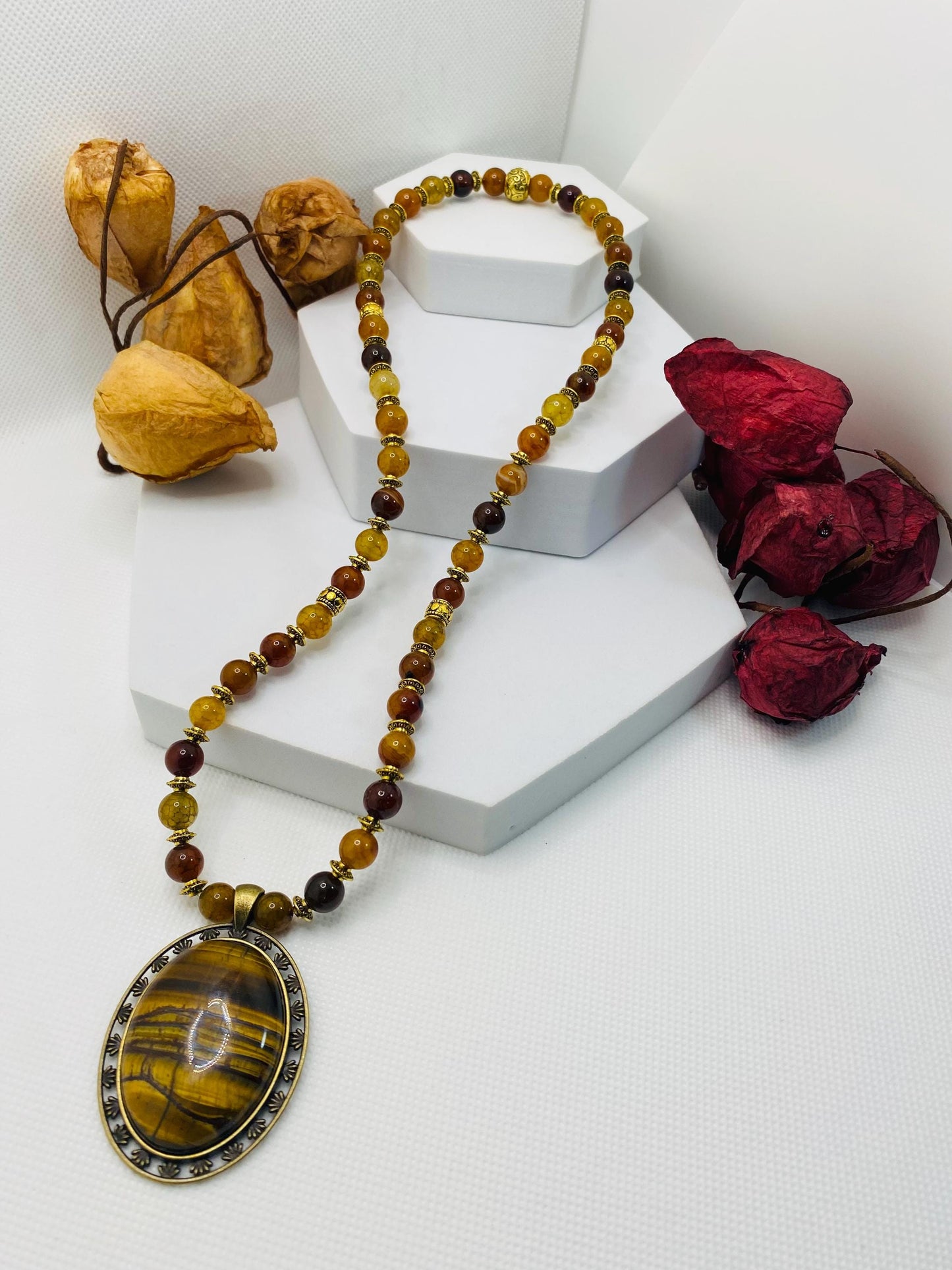 Tigers Eye & Dragon Vein Agate Necklace: Tibetan Style Gemstone Jewelry
