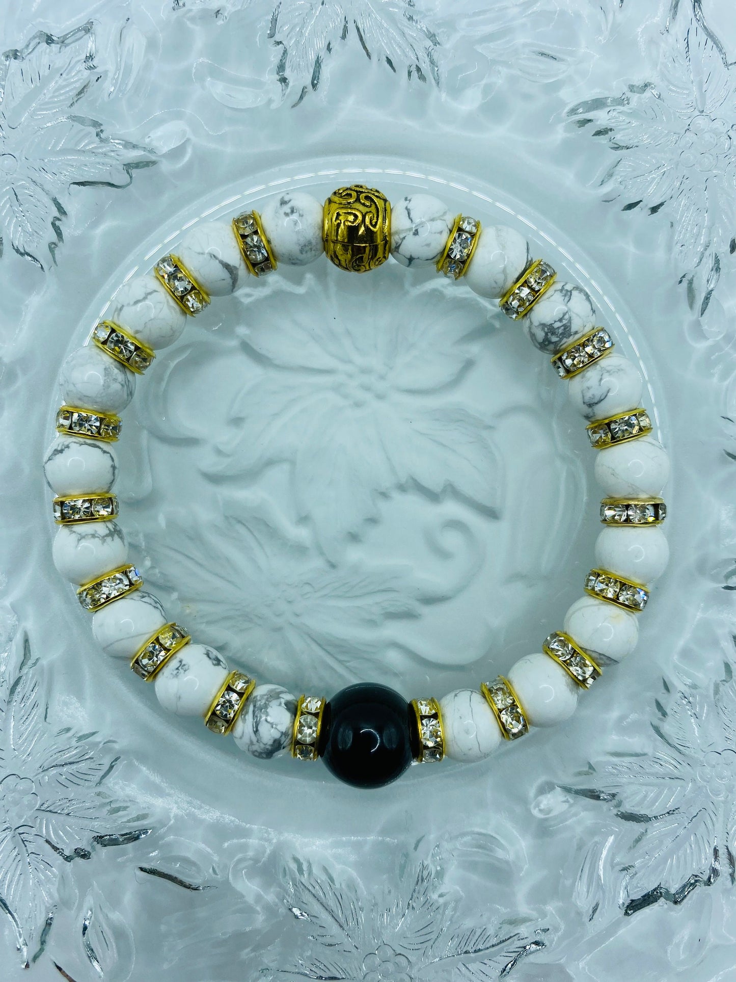 Mens Black Onyx & Howlite Gemstone Bracelet with Rhinestones