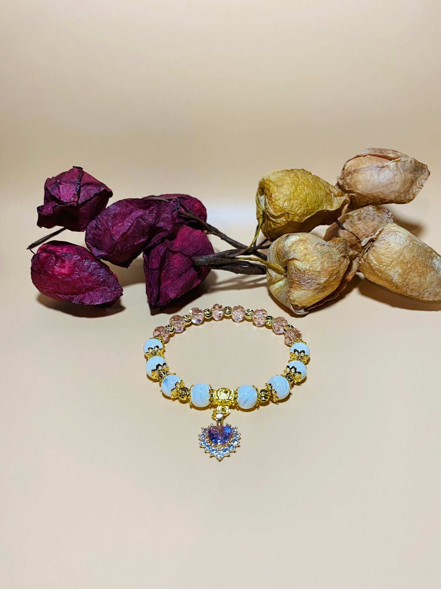 Mother of Pearl Bracelet: Pink Crystal Beads, Heart Charm, 18k Gold Accents