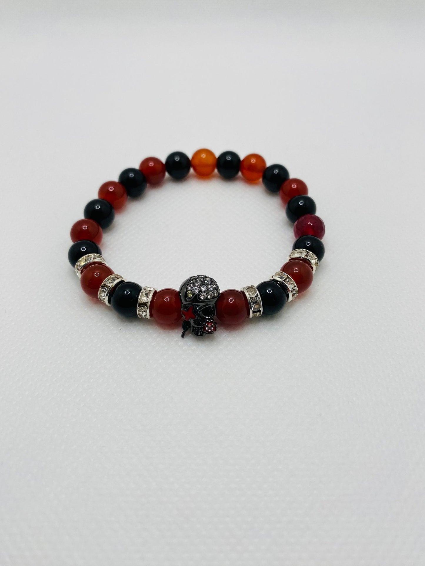 Sugar Skull Bracelet: Black Onyx, Red Carnelian, Rhinestone Rondelles
