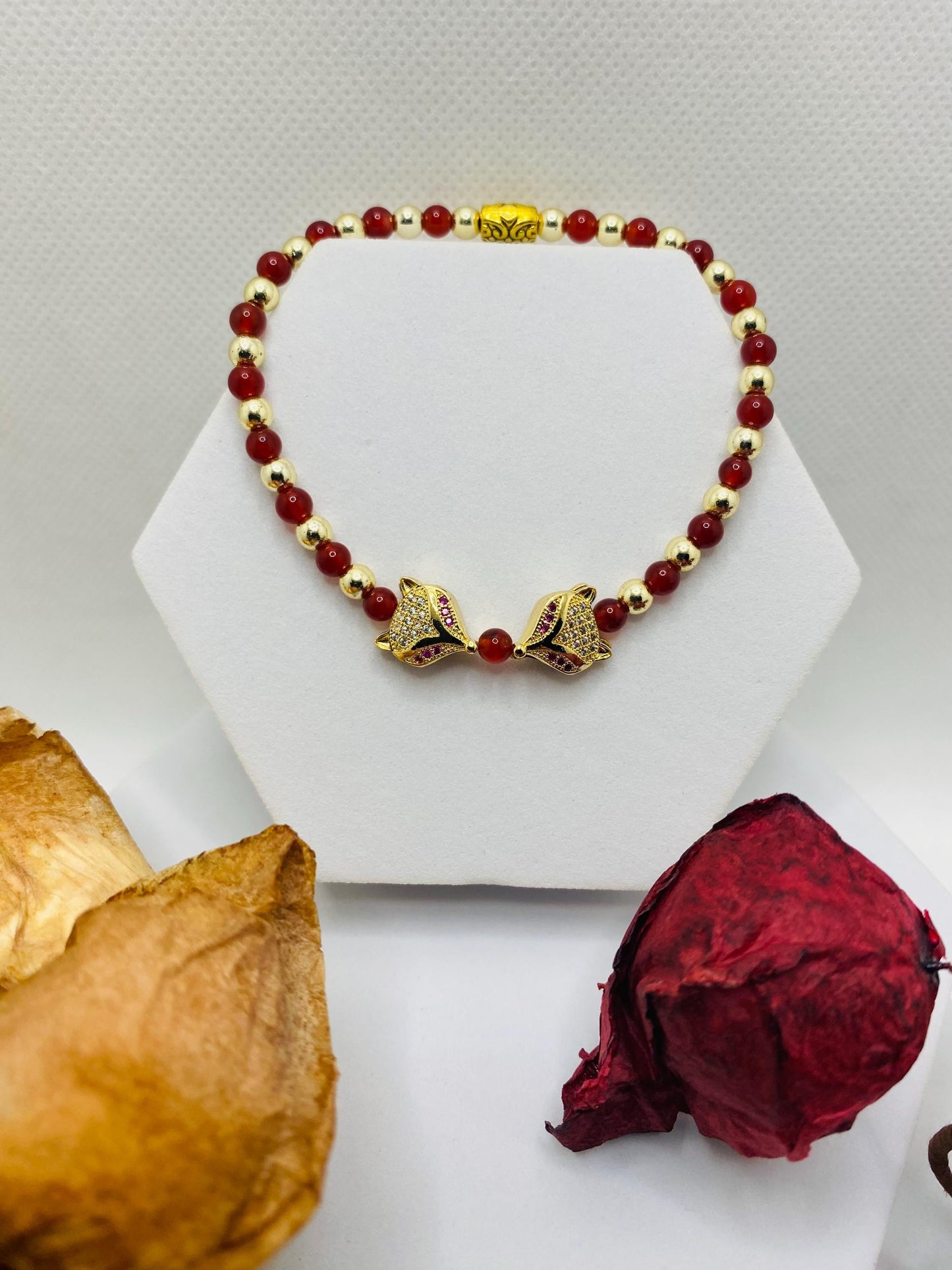 Fox Charm Bracelet: Carnelian, Gold Hematite & Cubic Zirconia