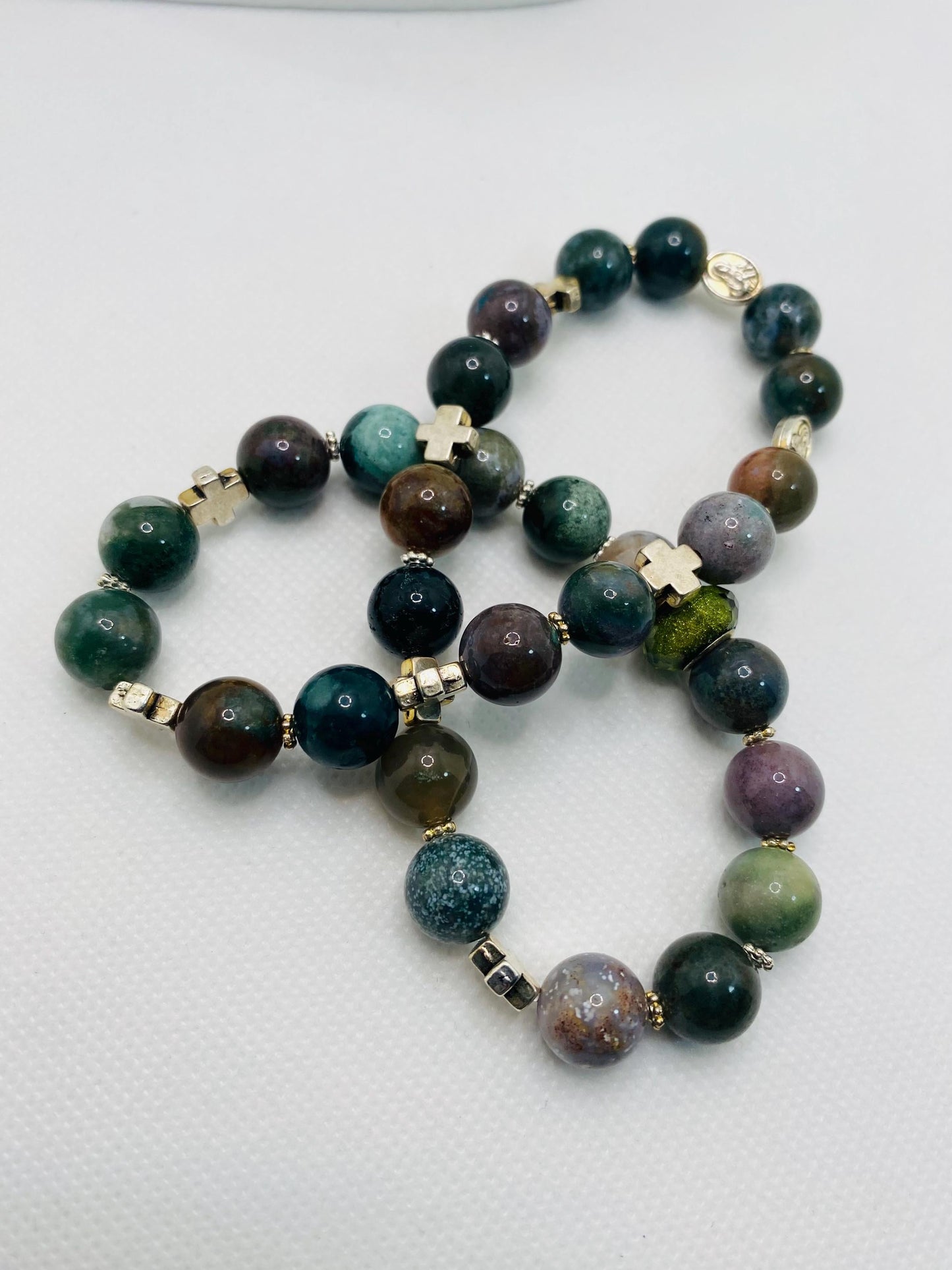 Moss Agate Necklace: Religious Cross Medallion, Antique Silver