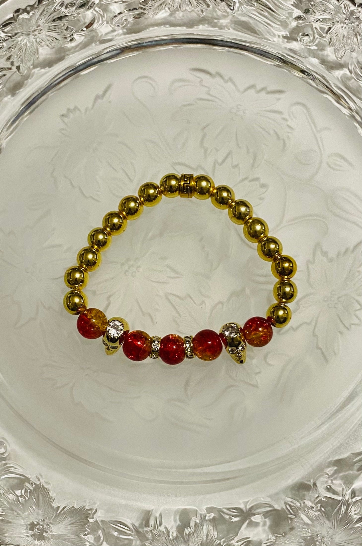Men's Gold Hematite Bracelet: Red Crystal, CZ Skull Beads