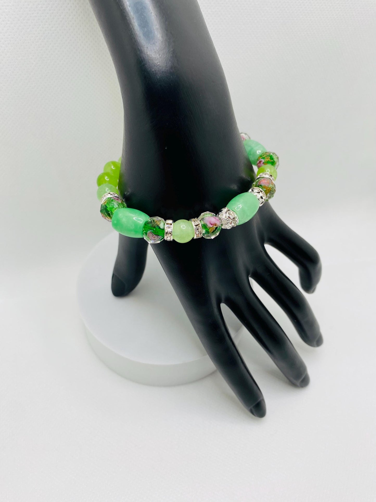 Peridot Bracelet: Green Lampwork Glass Beads, Silver Rhinestone Accents