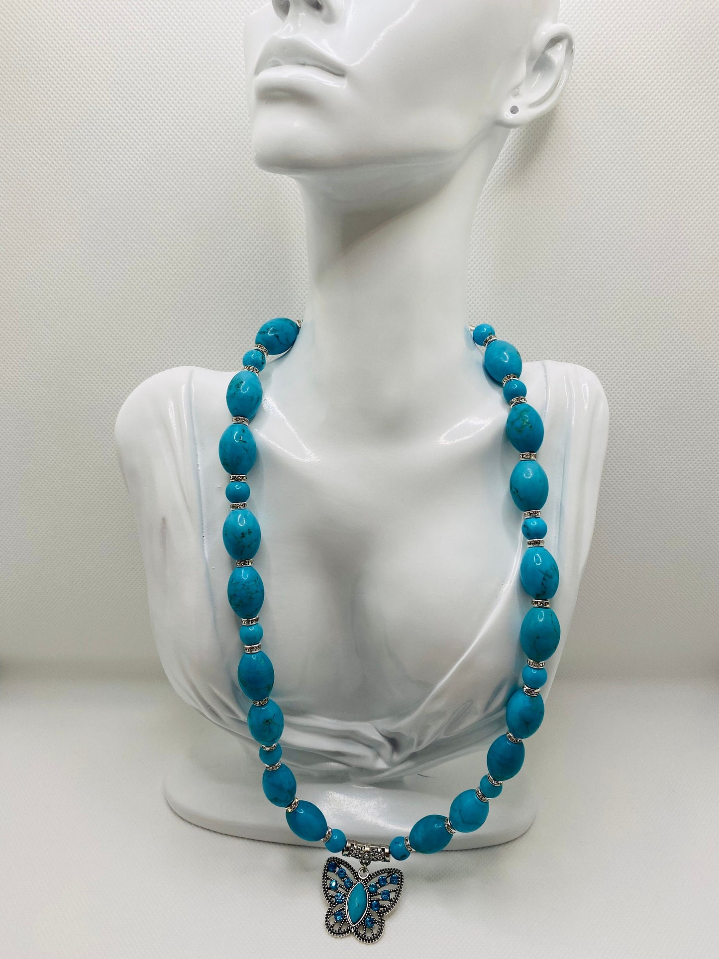 Turquoise Necklace: Butterfly Pendant, Rhinestone Accents