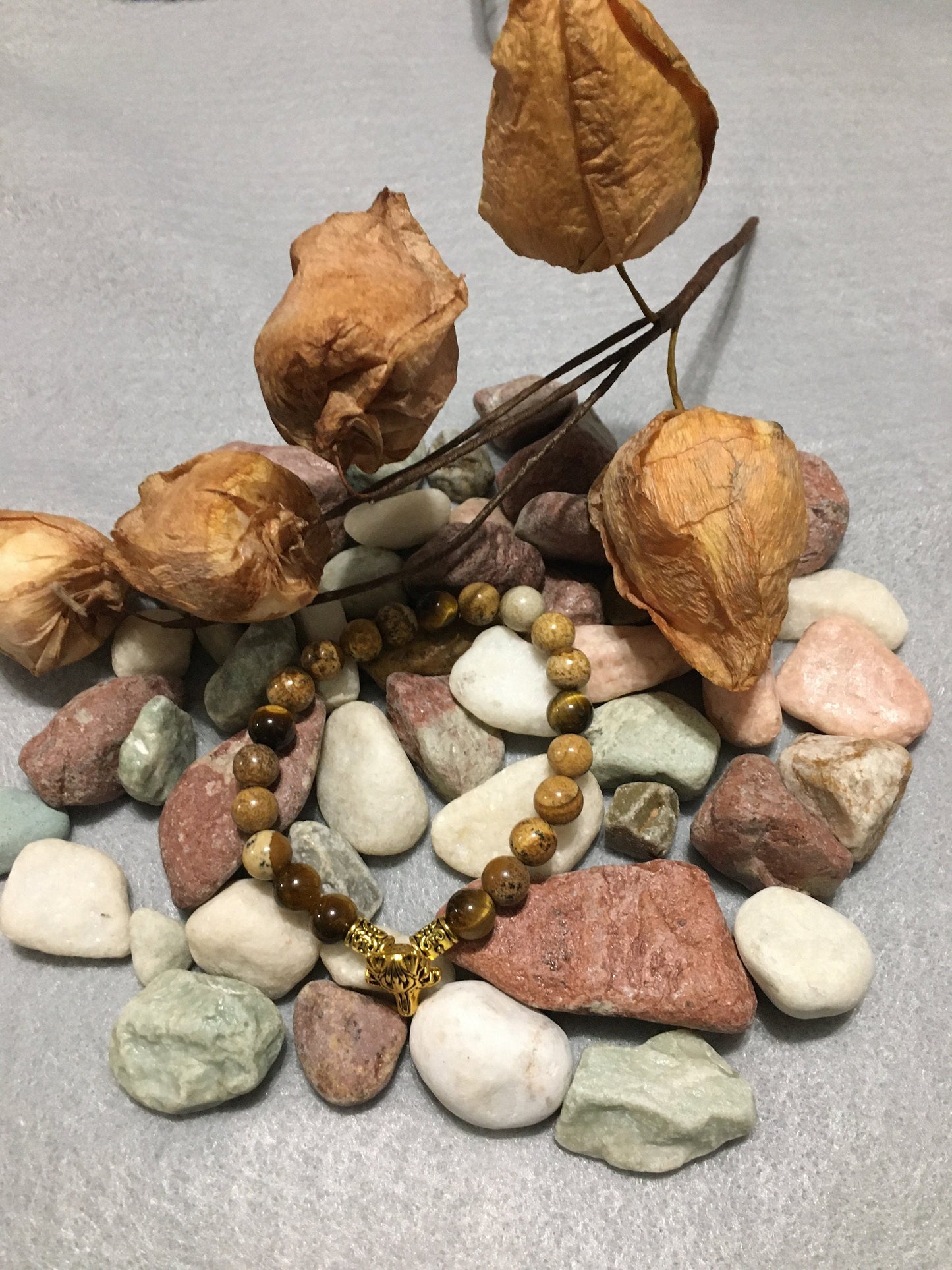 Wolf Head Charm Bracelet: Jasper & Tiger's Eye Gemstone Beads