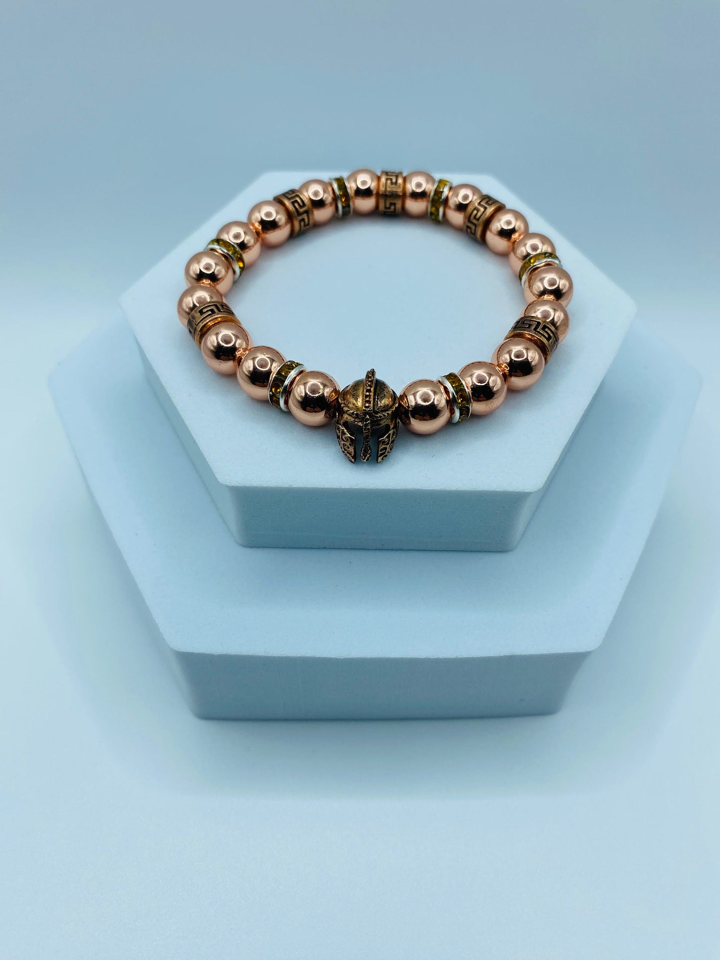 Rose Gold Spartan Helmet Bracelet: Hematite Gemstone Beaded Warrior Jewelry