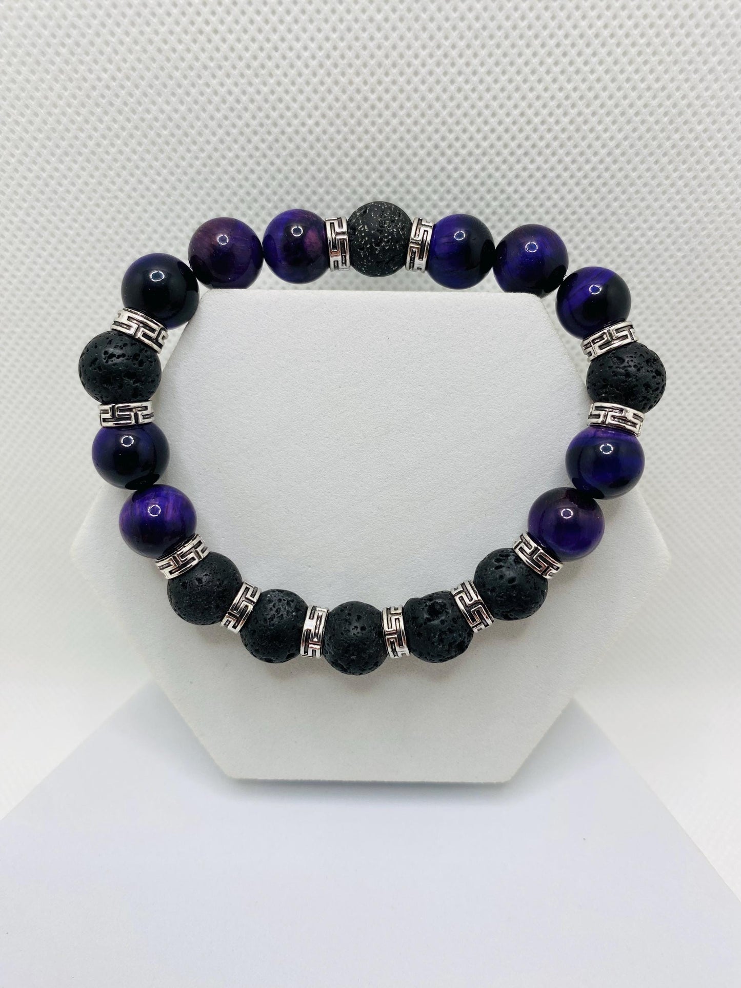 Mens Black Lava Rock & Purple Tiger Eye Bracelet: Tibetan Gemstone Jewelry