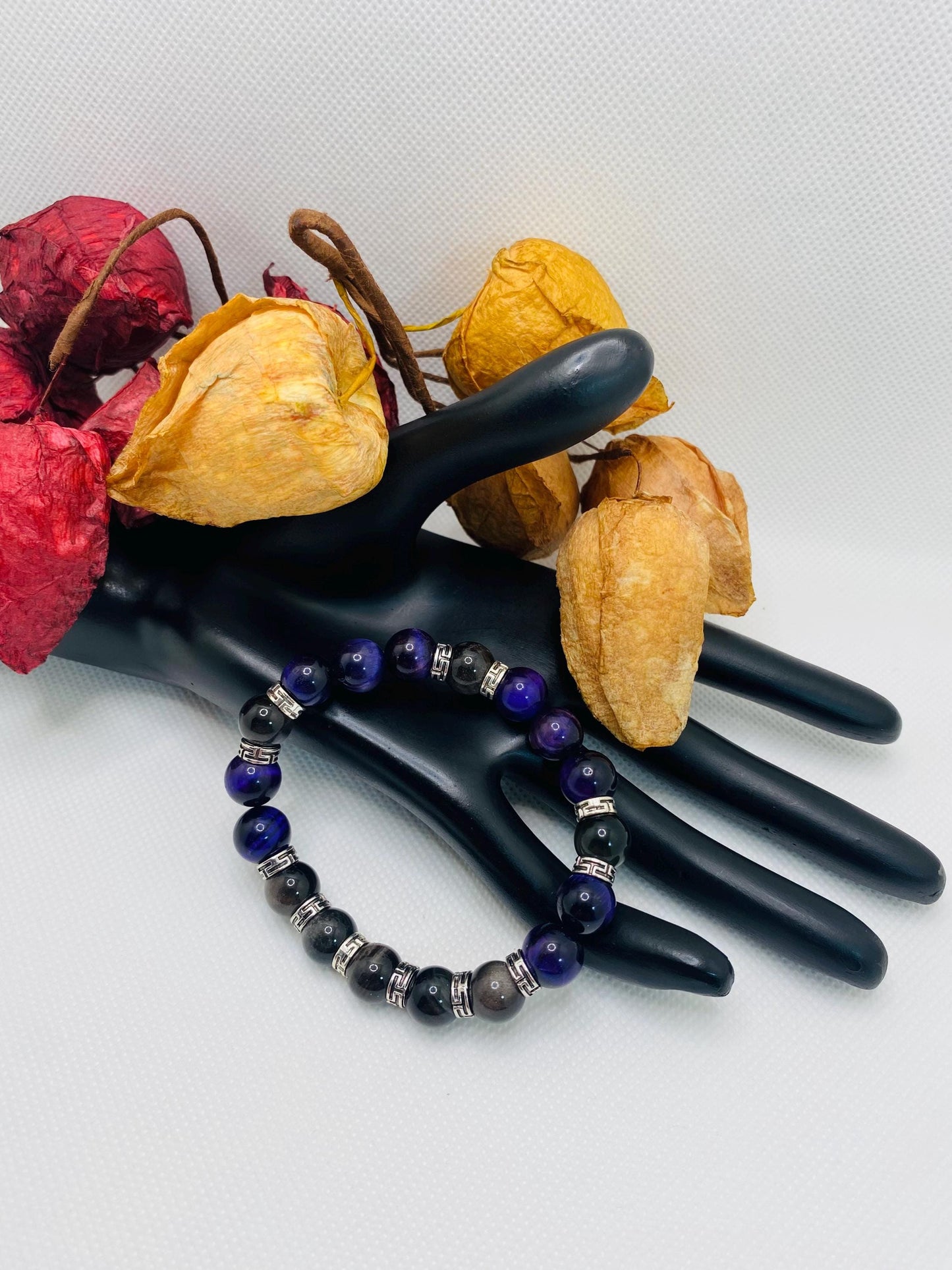 Tigers Eye Bracelet for Men: Black Obsidian & Tibetan Spacers