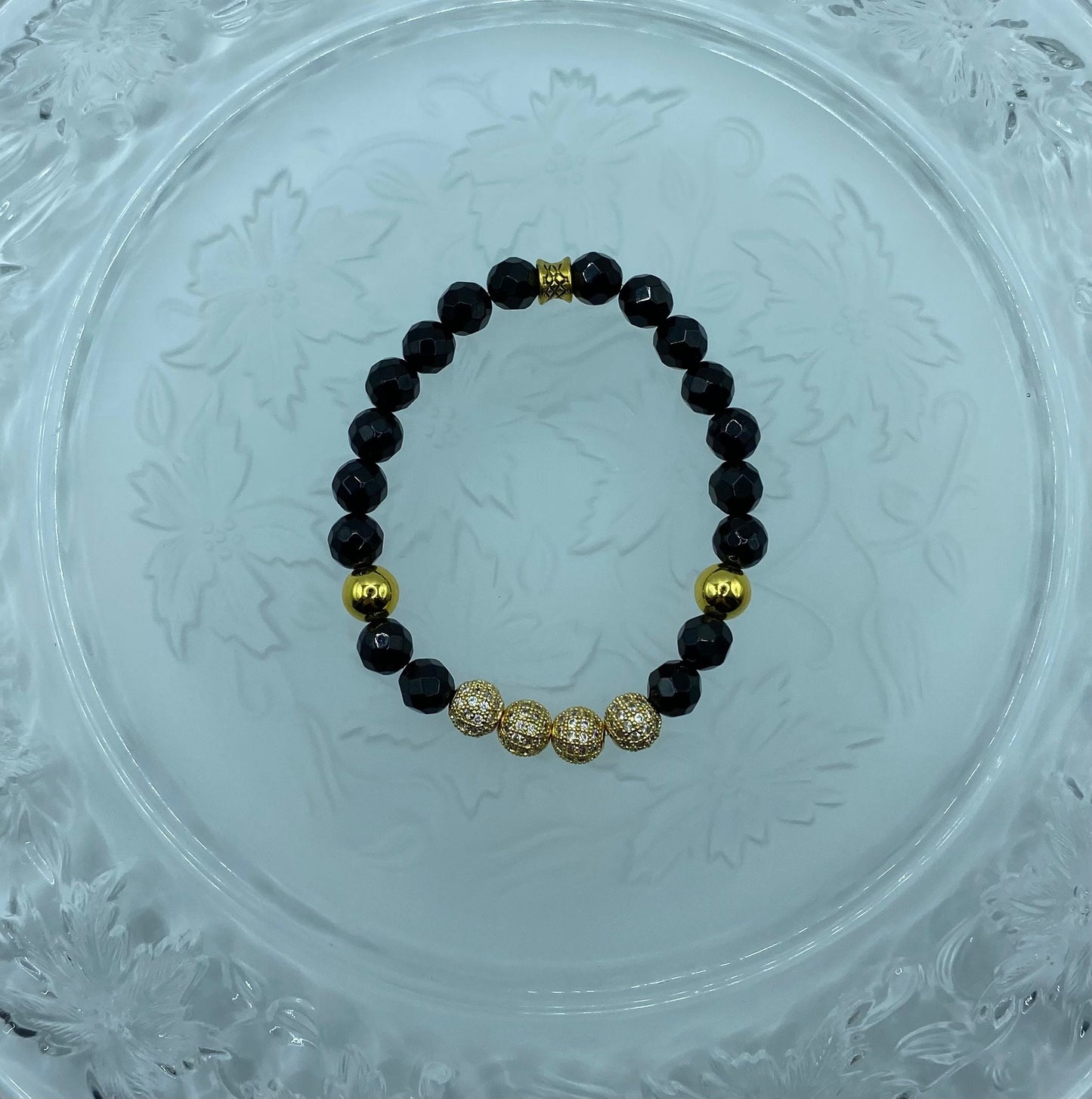 Black Onyx Bracelet for Men: Gold CZ Inlaid Beads, Hematite Gemstone