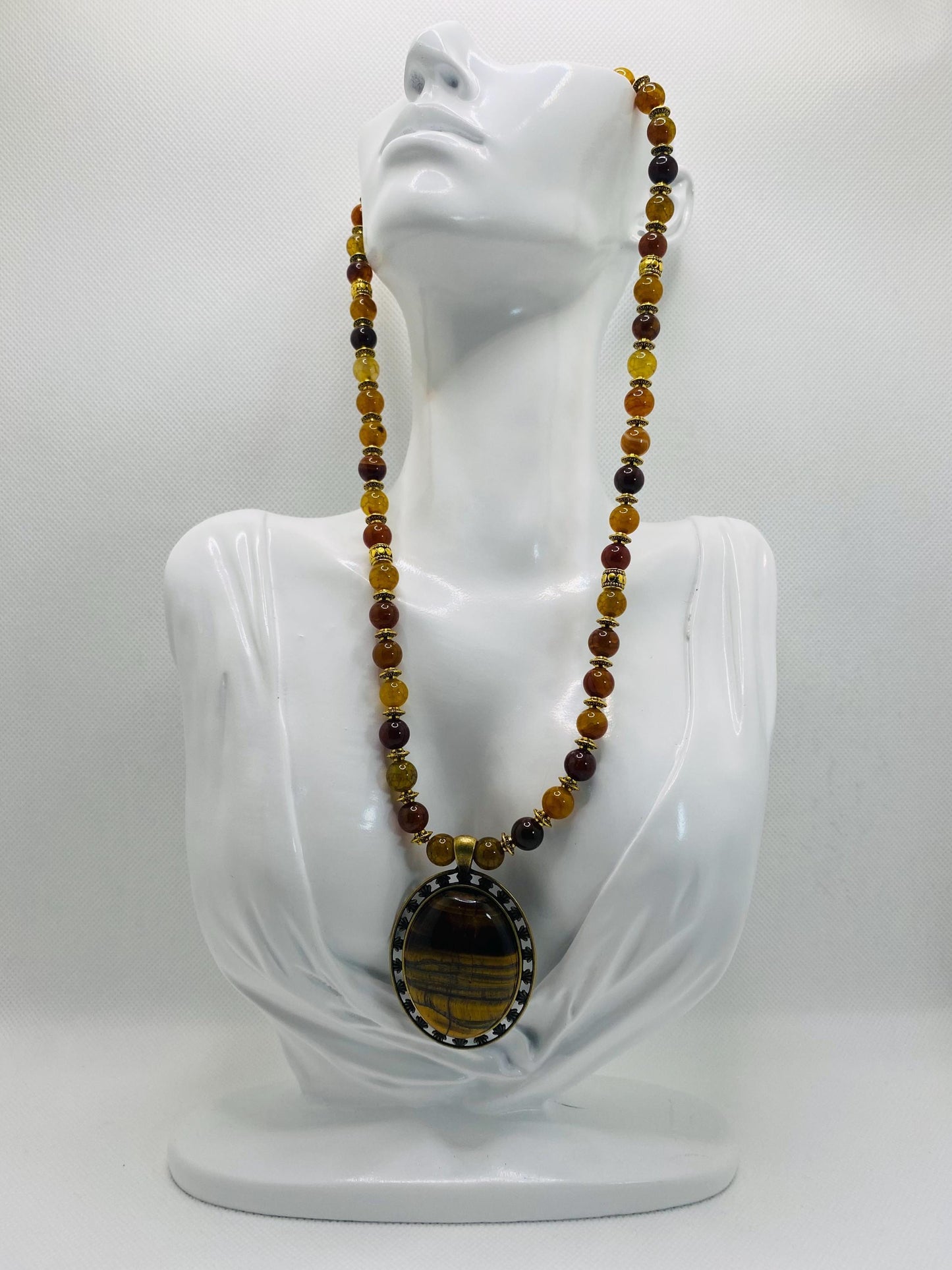 Tigers Eye & Dragon Vein Agate Necklace: Tibetan Style Gemstone Jewelry