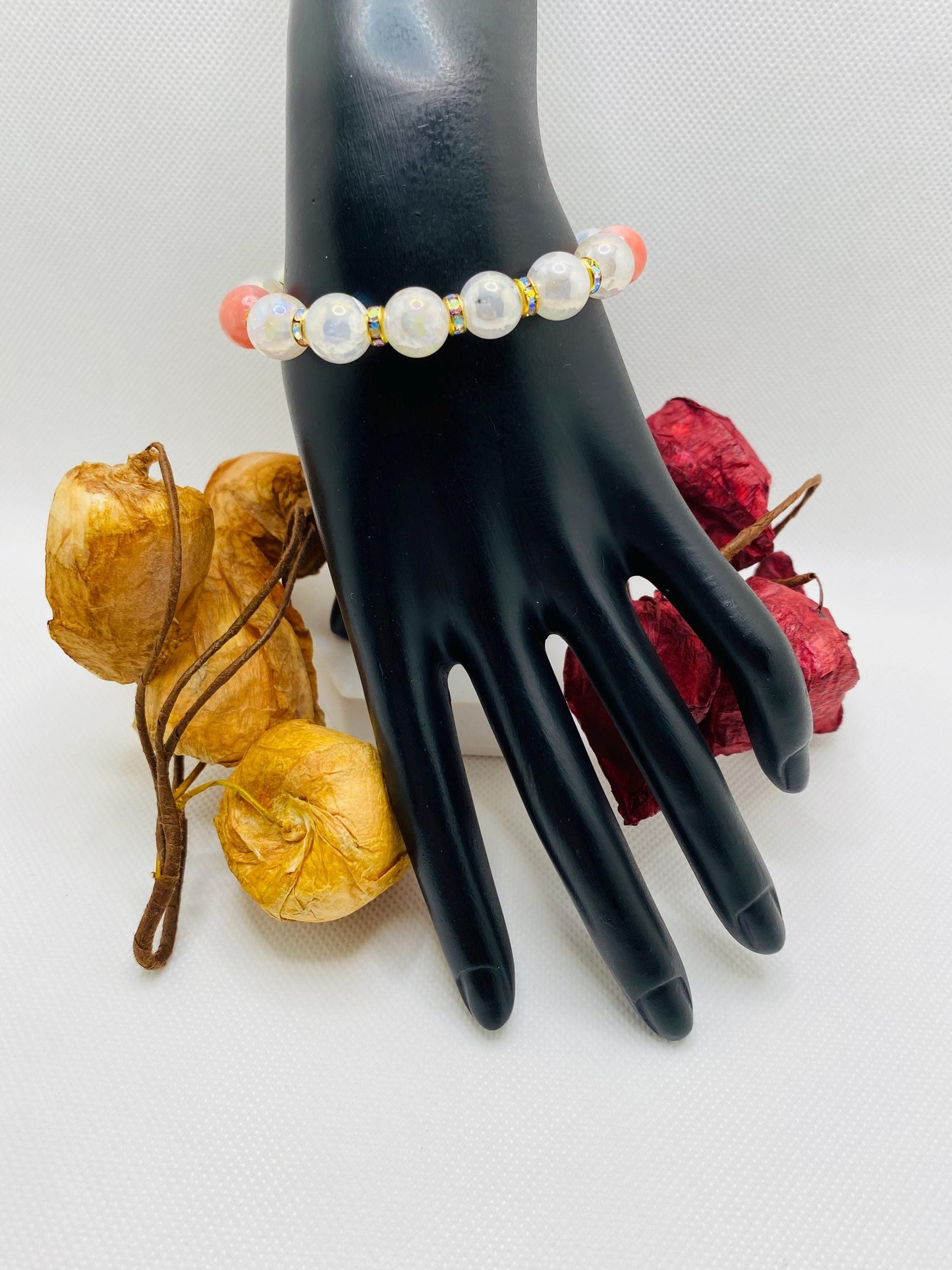 Snow Quartz & Pink Gemstone Bracelet: 18k Gold Plated Rondelles