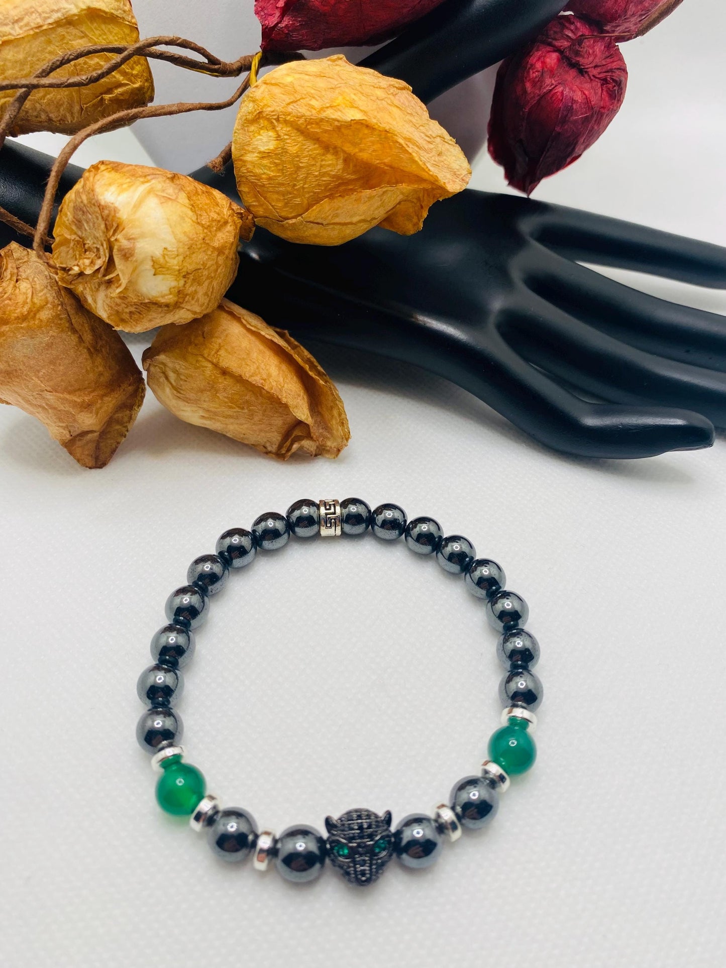 Black Panther Hematite Bracelet: Green Jade Gemstone Beads, Handmade