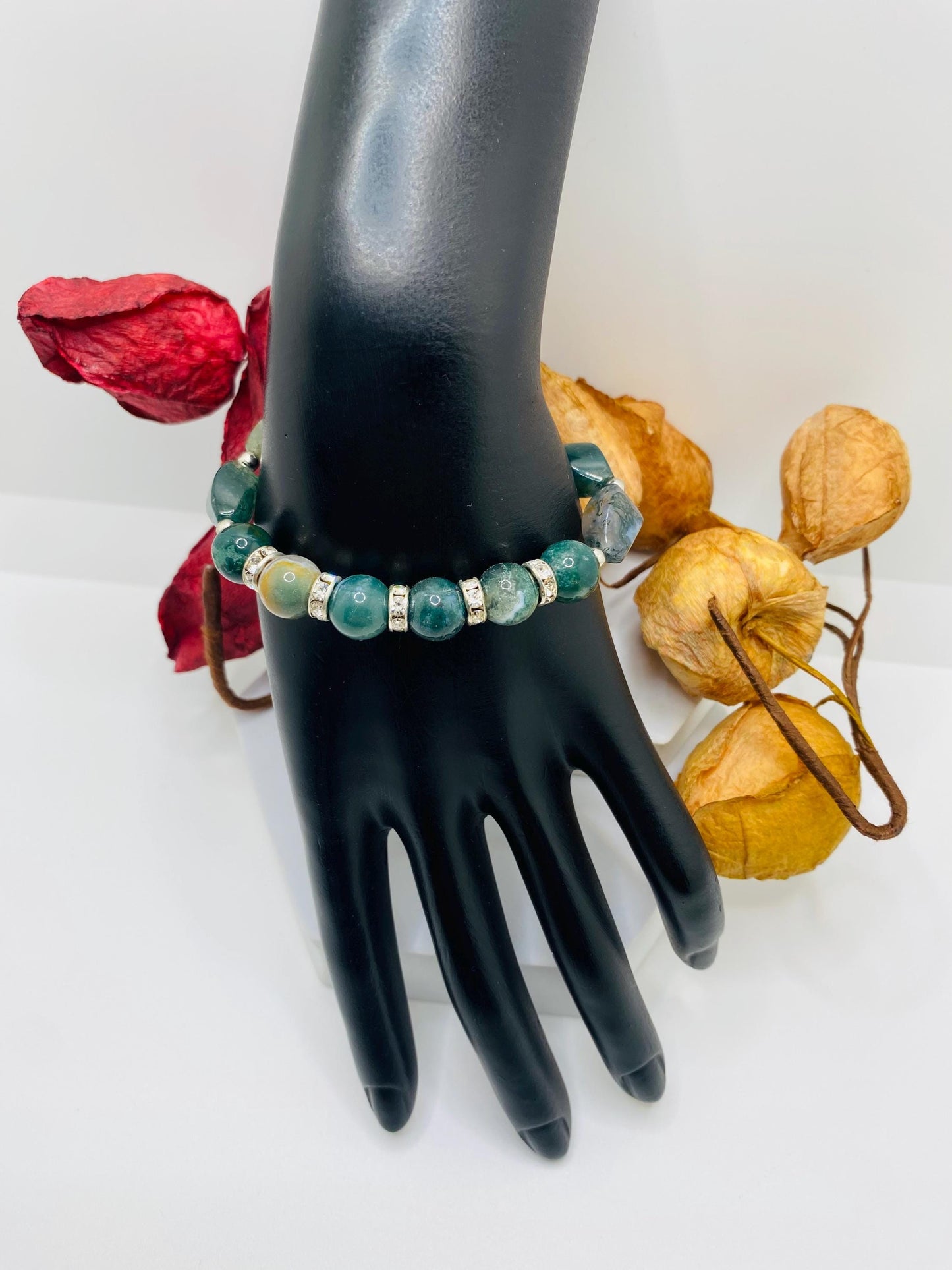 Moss Agate Beaded Bracelet: Gemstone Jewelry with Rhinestone Accents