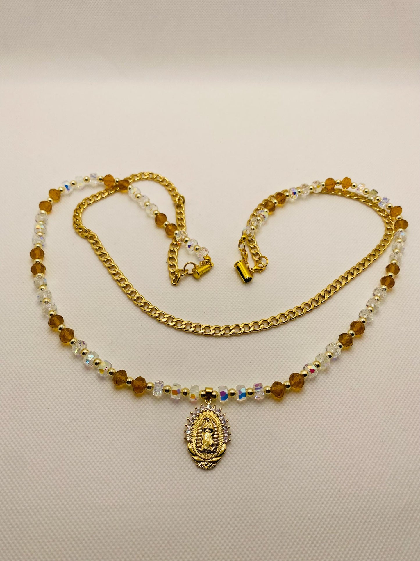 Virgin Mary Necklace: Gold Cuban Link Chain, Crystal Beads Religious Jewelry