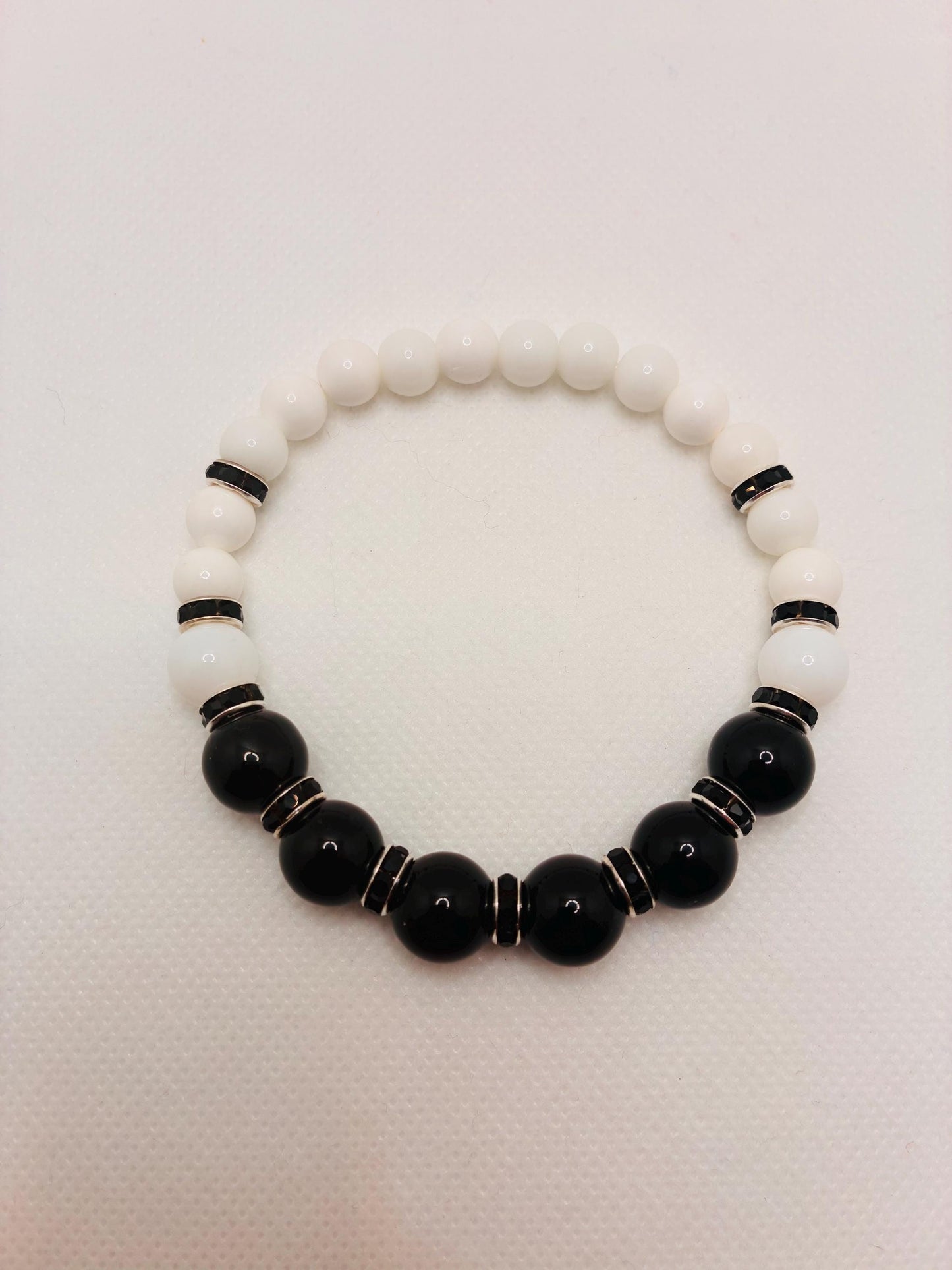 Onyx Gemstone Beaded Bracelet: Black & White Rhinestone Handmade Jewelry