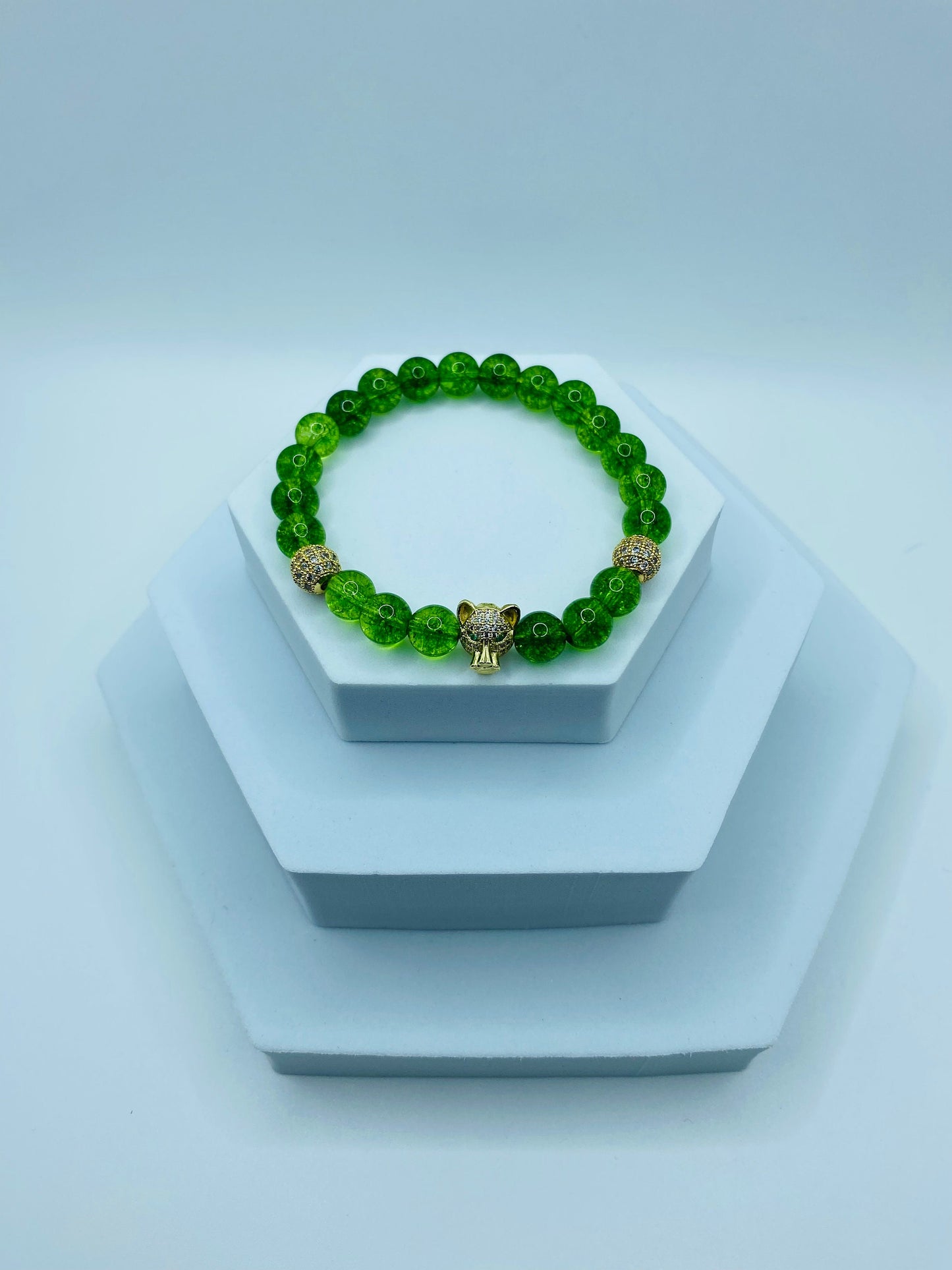 Mens Quartz Crystal Bracelet: Gold Tiger Charm, CZ Beads