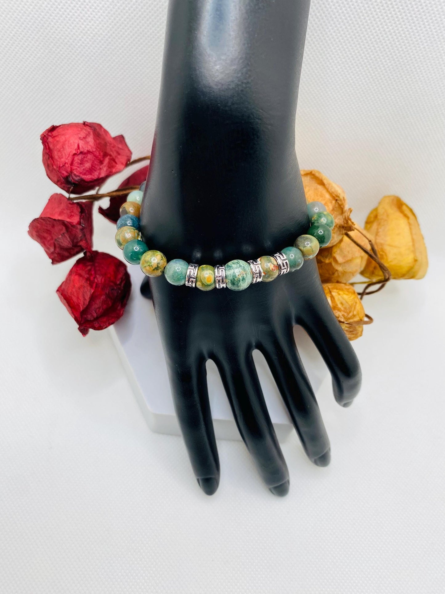 Handmade Indian Moss Agate Bracelet: Tibetan Silver Spacers