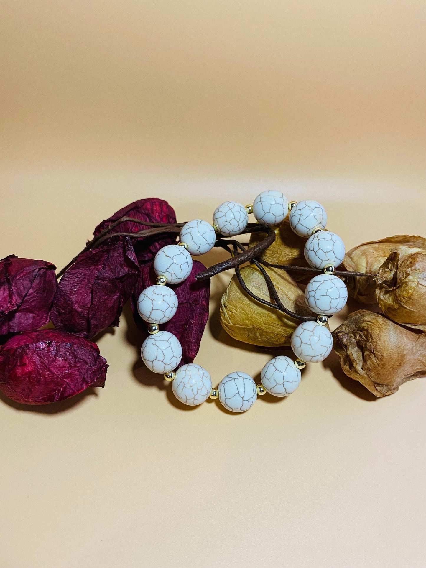 Handmade White Turquoise Bracelet: Gold-Plated Hematite Gemstone Beads