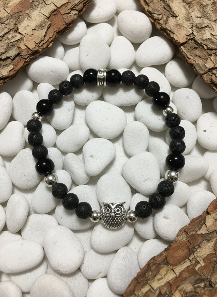 Night Owl Bracelet: Black Onyx & Lava Rock Gemstone Beads, Silver Owl Charm