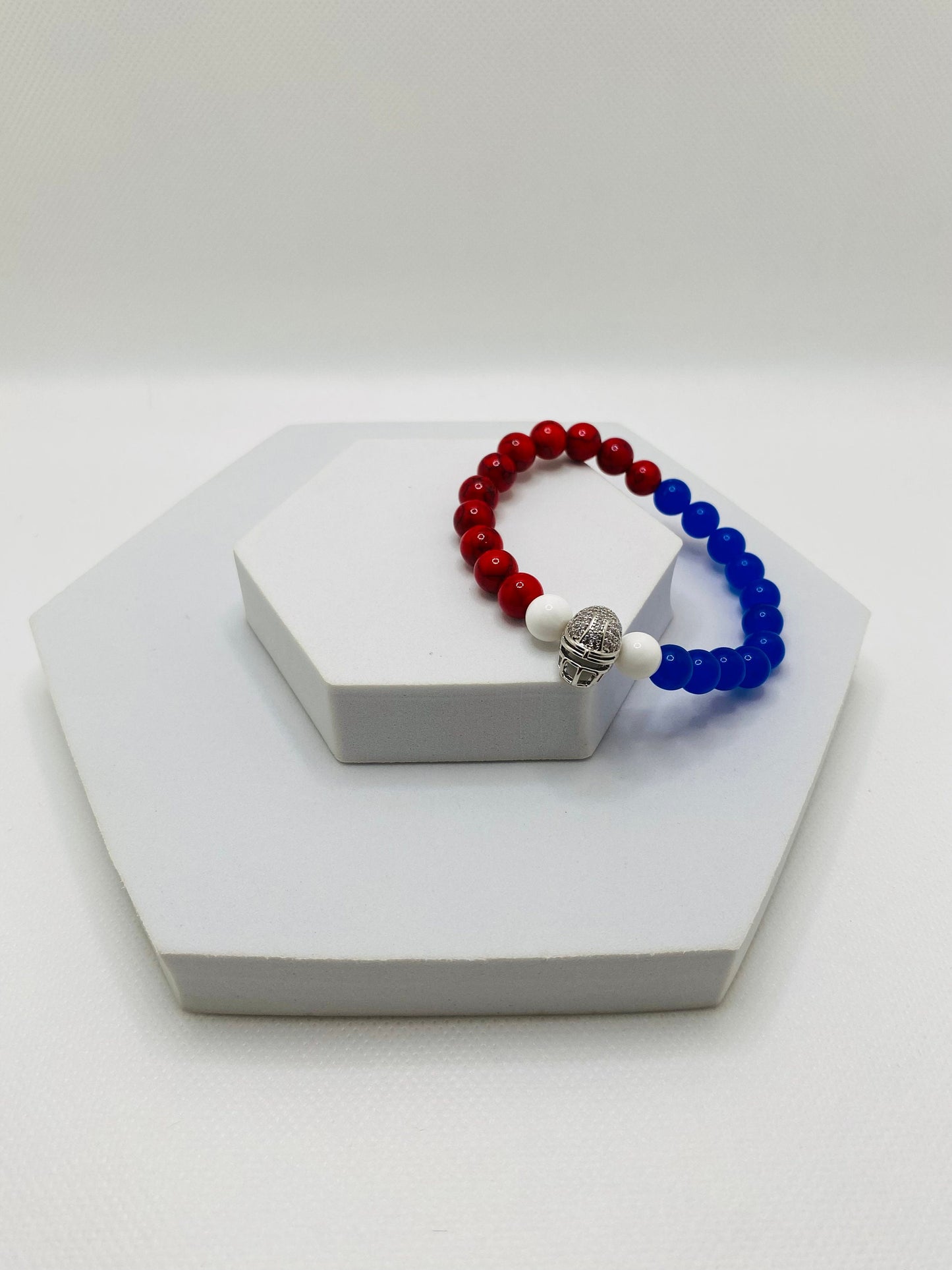 Buffalo Bills Beaded Bracelet: Red Turquoise, Blue Chalcedony, Football Helmet Charm