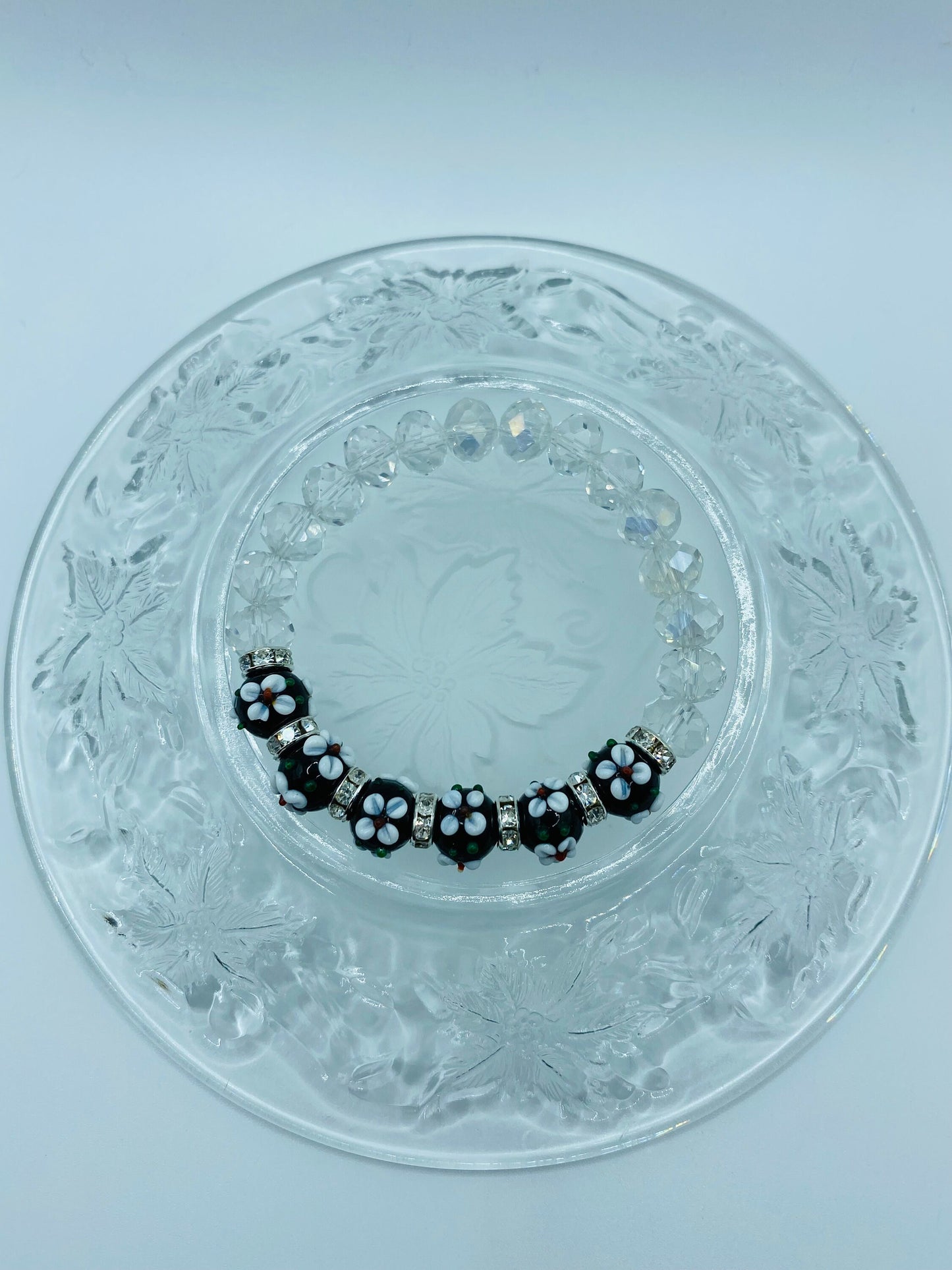 Lampwork Floral Glass Bead Bracelet: Rhinestone Crystal Flower Bracelet