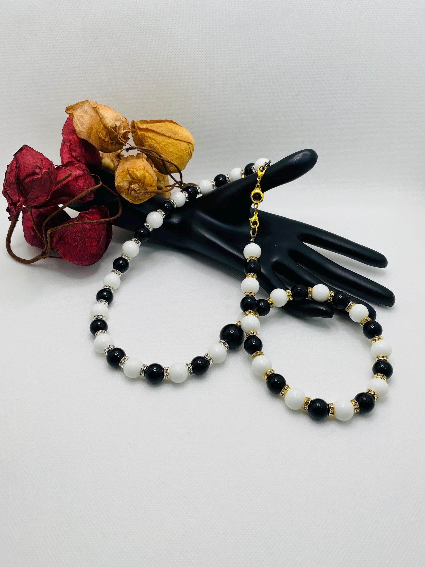 Handmade Onyx Gemstone Necklace: Black & White Beaded Jewelry