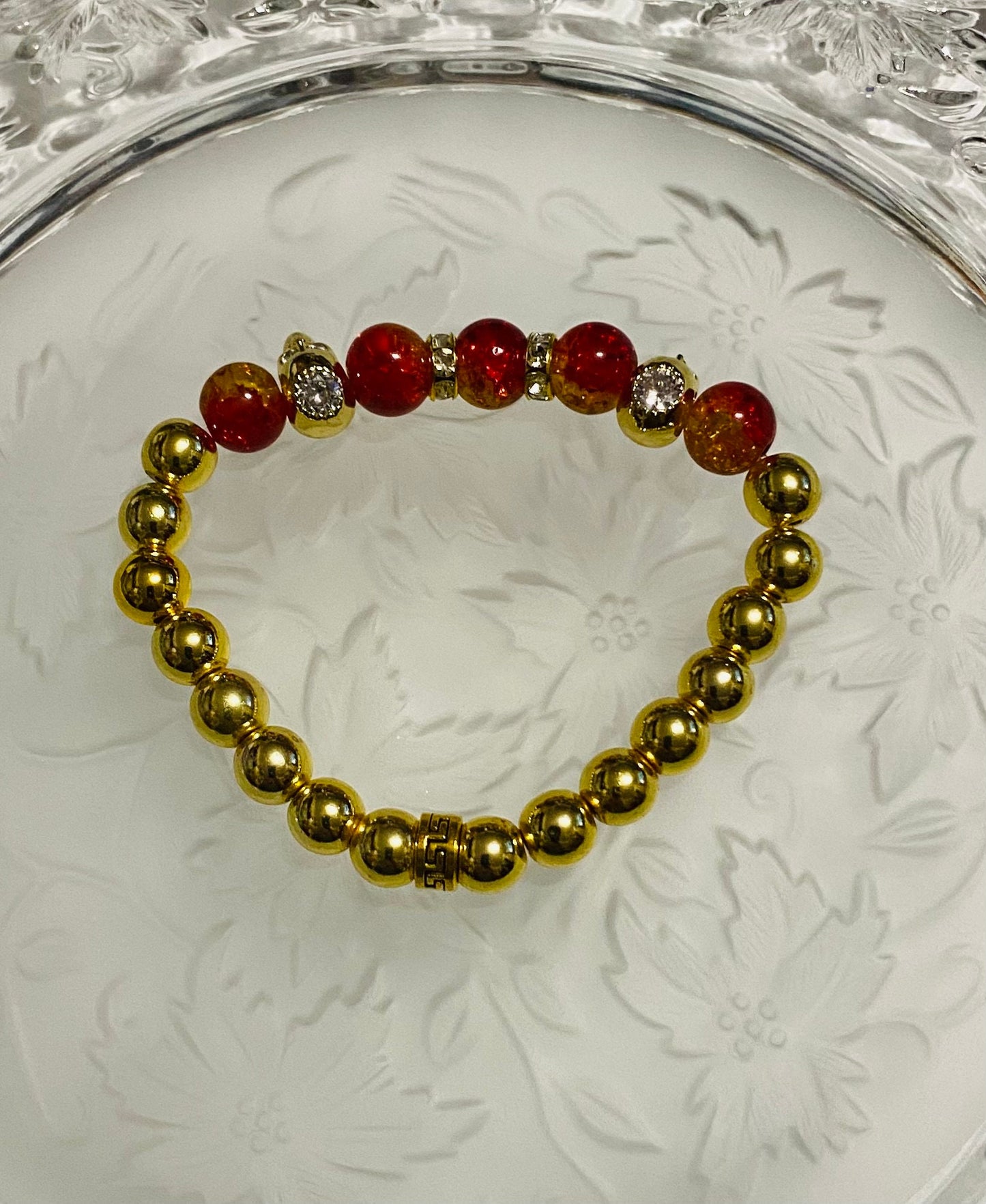 Men's Gold Hematite Bracelet: Red Crystal, CZ Skull Beads