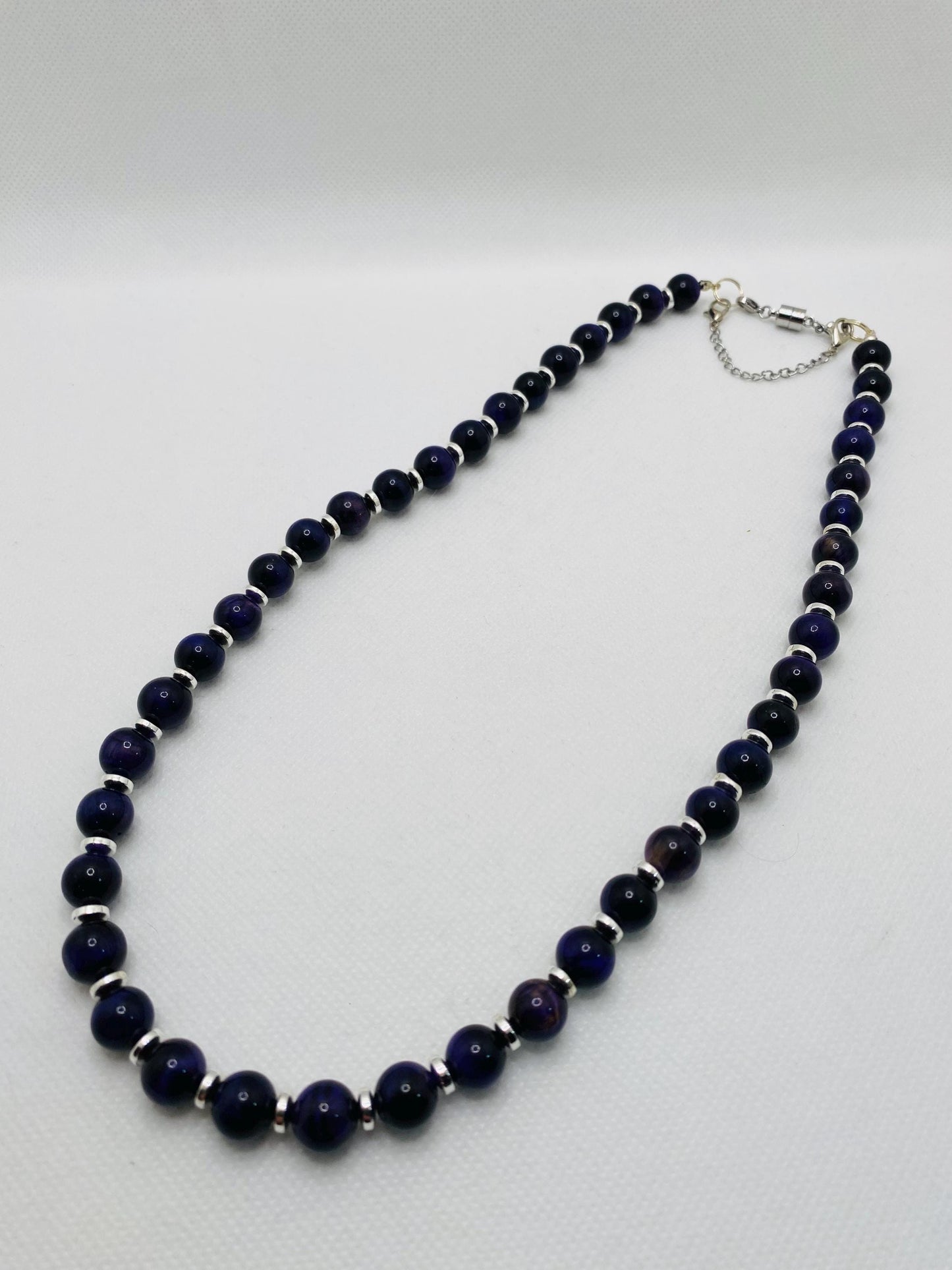 Purple Tigers Eye Necklace: Silver Hematite Gemstone Beaded Jewelry