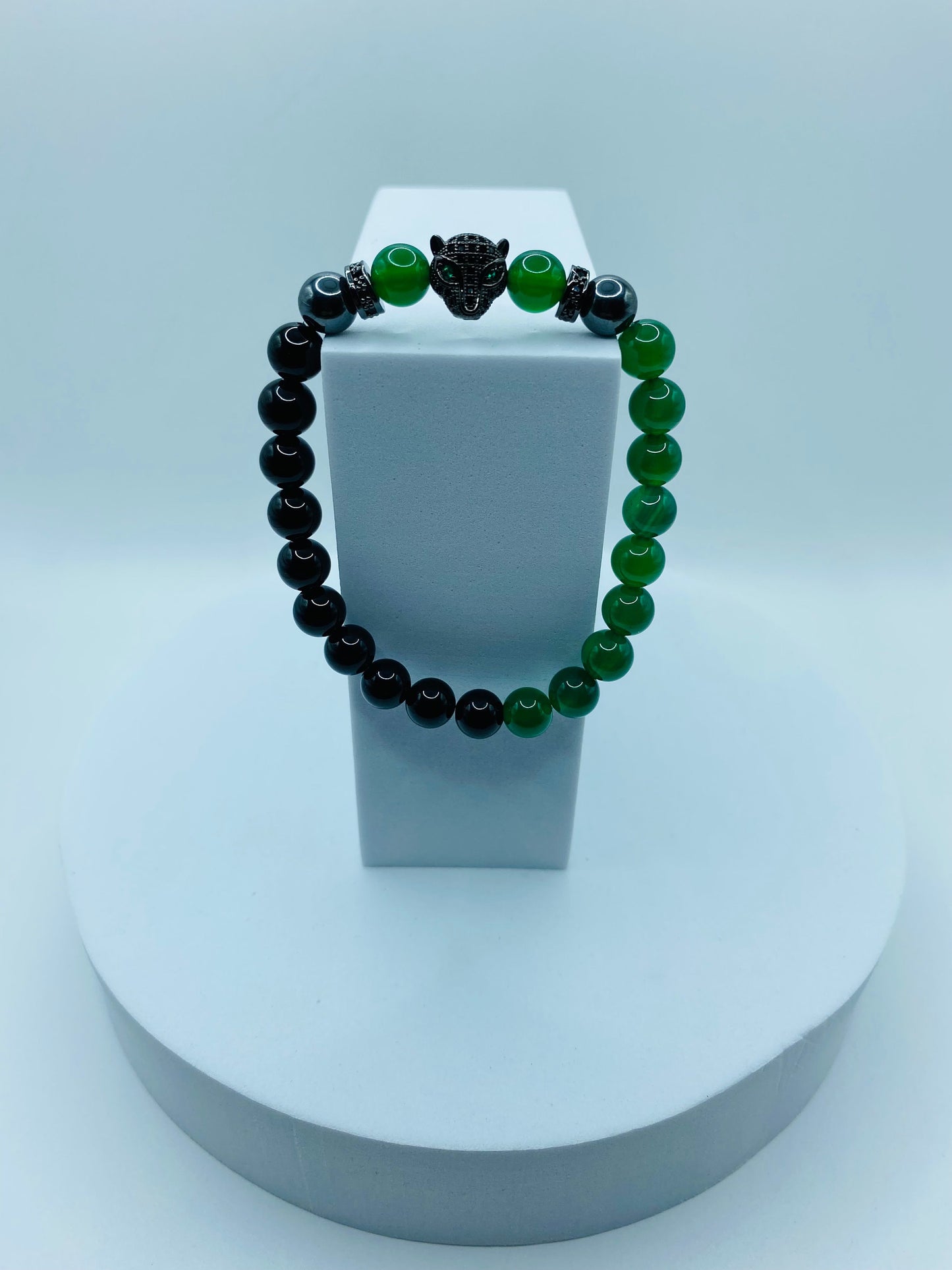 Handmade Black Panther Charm Bracelet: Onyx, Jade & Hematite Gemstone Beads