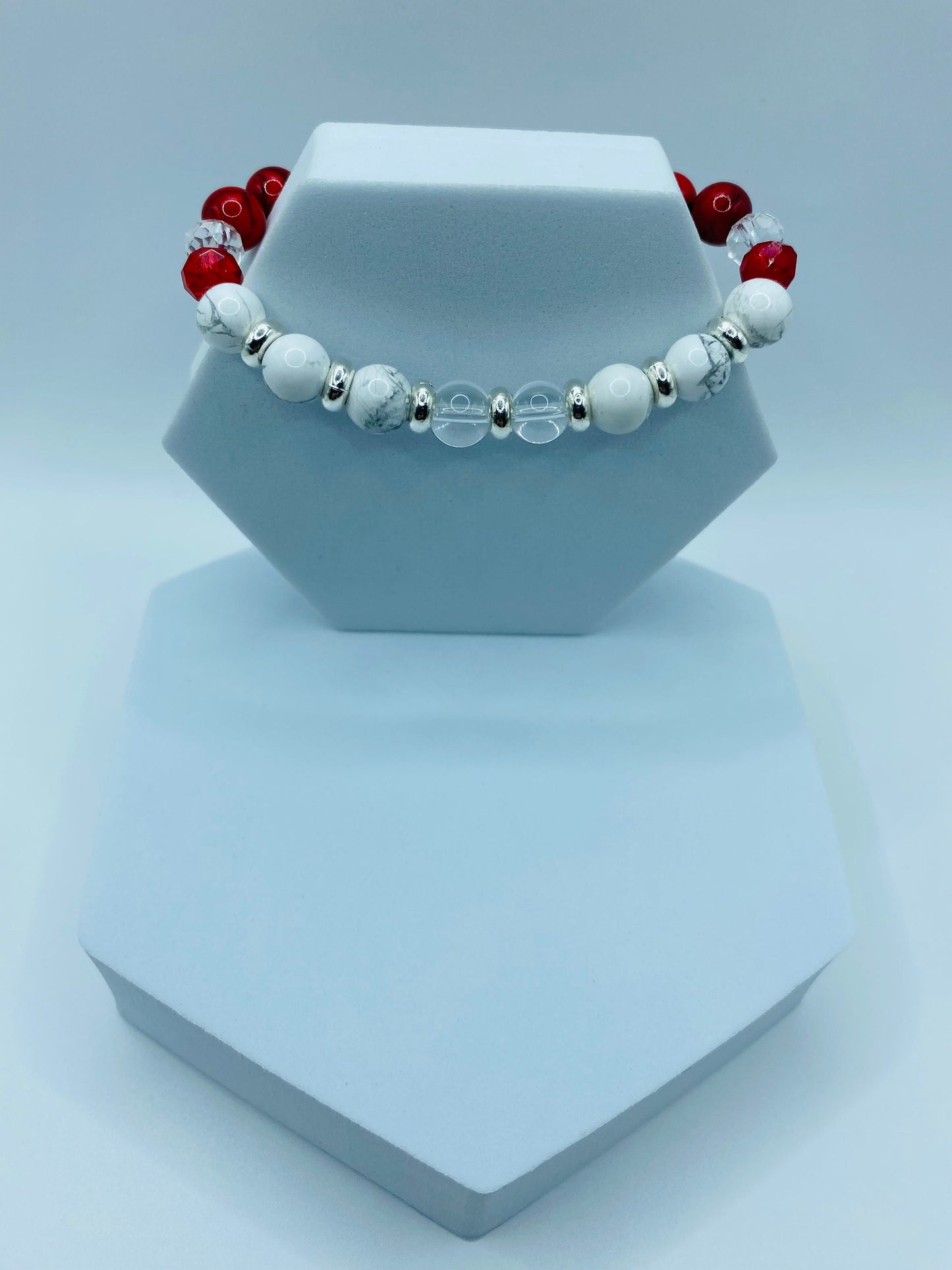 Red Turquoise & Howlite Gemstone Bracelet: Crystal Quartz Beaded Jewelry