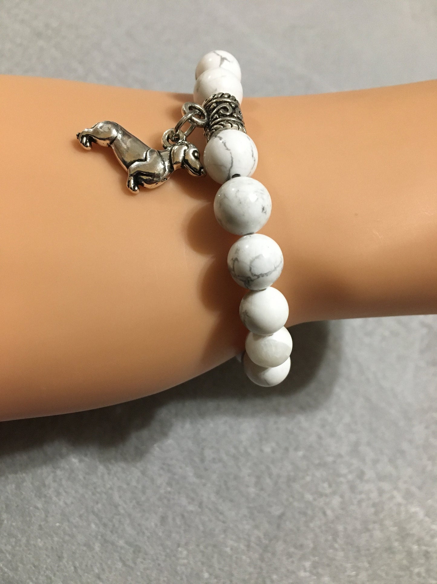 Dachshund Charm Bracelet: Howlite Gemstone Beads, Dog Memorial Gift