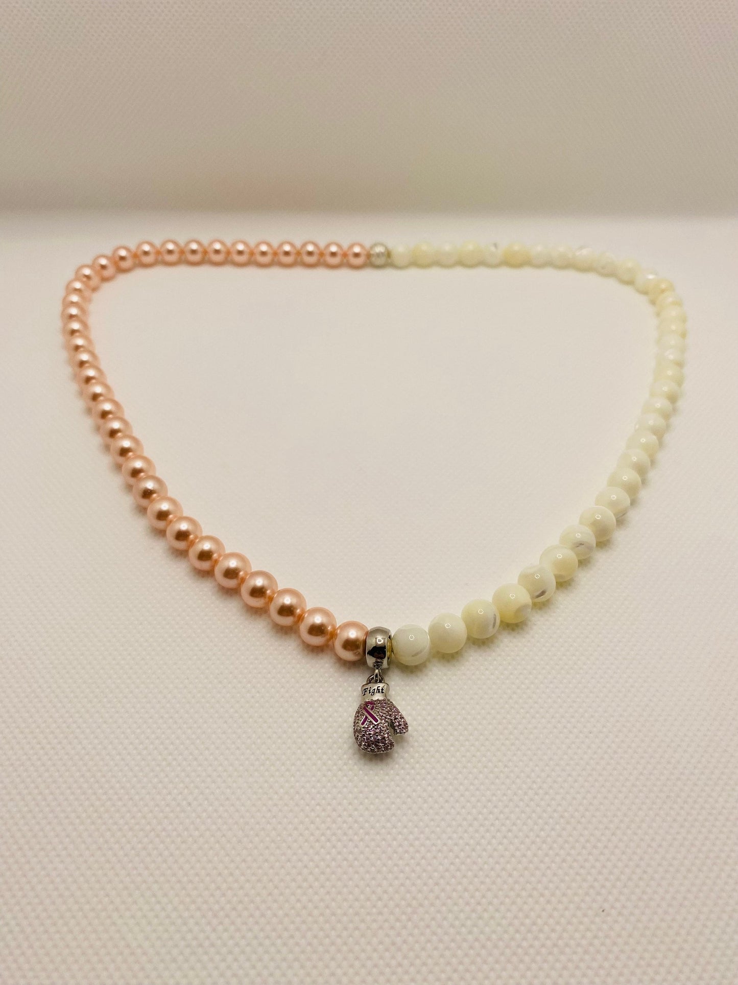 Mother of Pearl Beaded Necklace: Pink Ribbon Boxing Glove, Cancer Survivor Gift