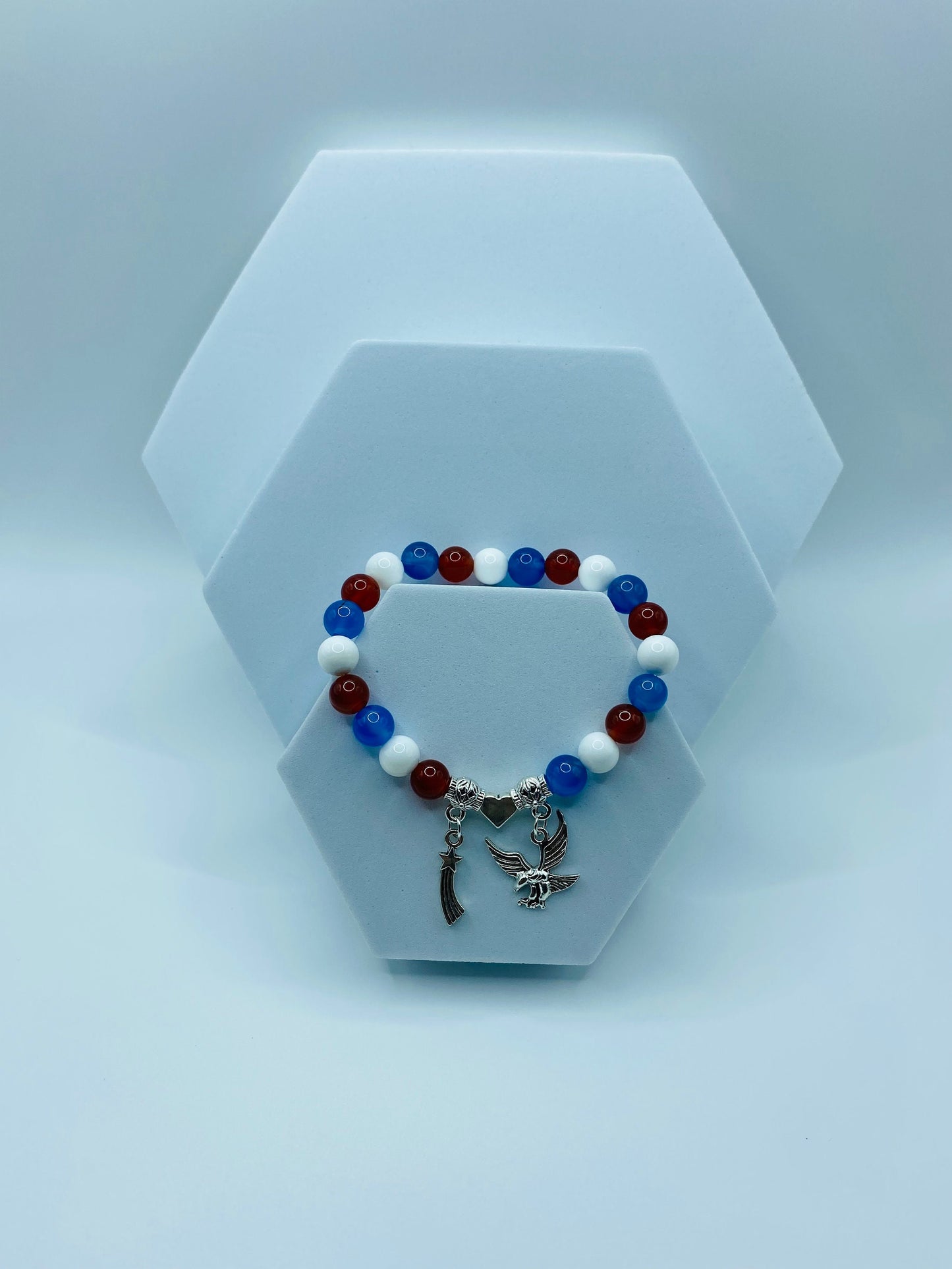 Red White Blue Gemstone Charm Bracelet: Eagle, Star, Heart