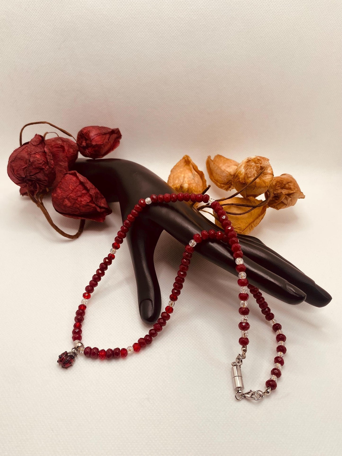 Handmade Red Jade Necklace: Ladybug Charm, Crystal Quartz Beads