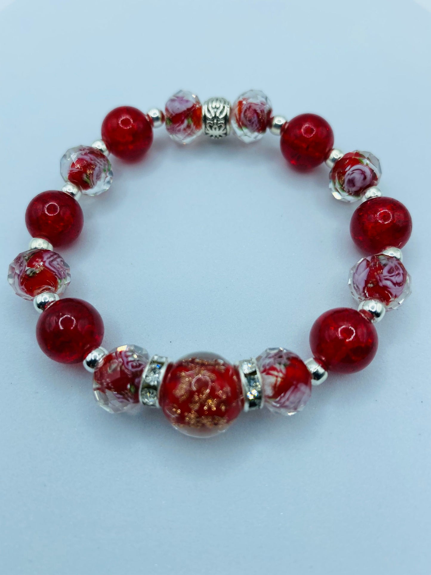 Red Lampwork Glass Bead Bracelet: Hematite & Crystal Rondelles