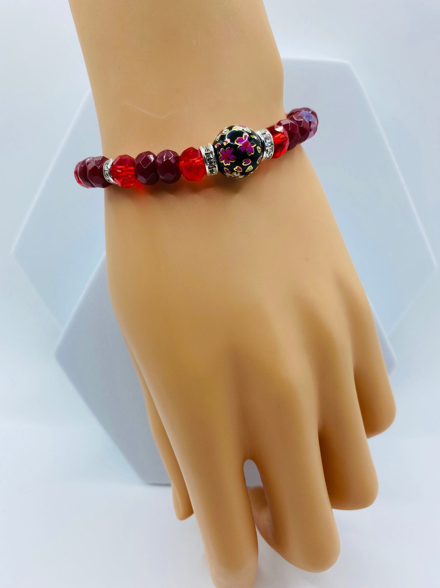 Red Jade & Crystal Beaded Bracelet with Floral Painted Glass Bead