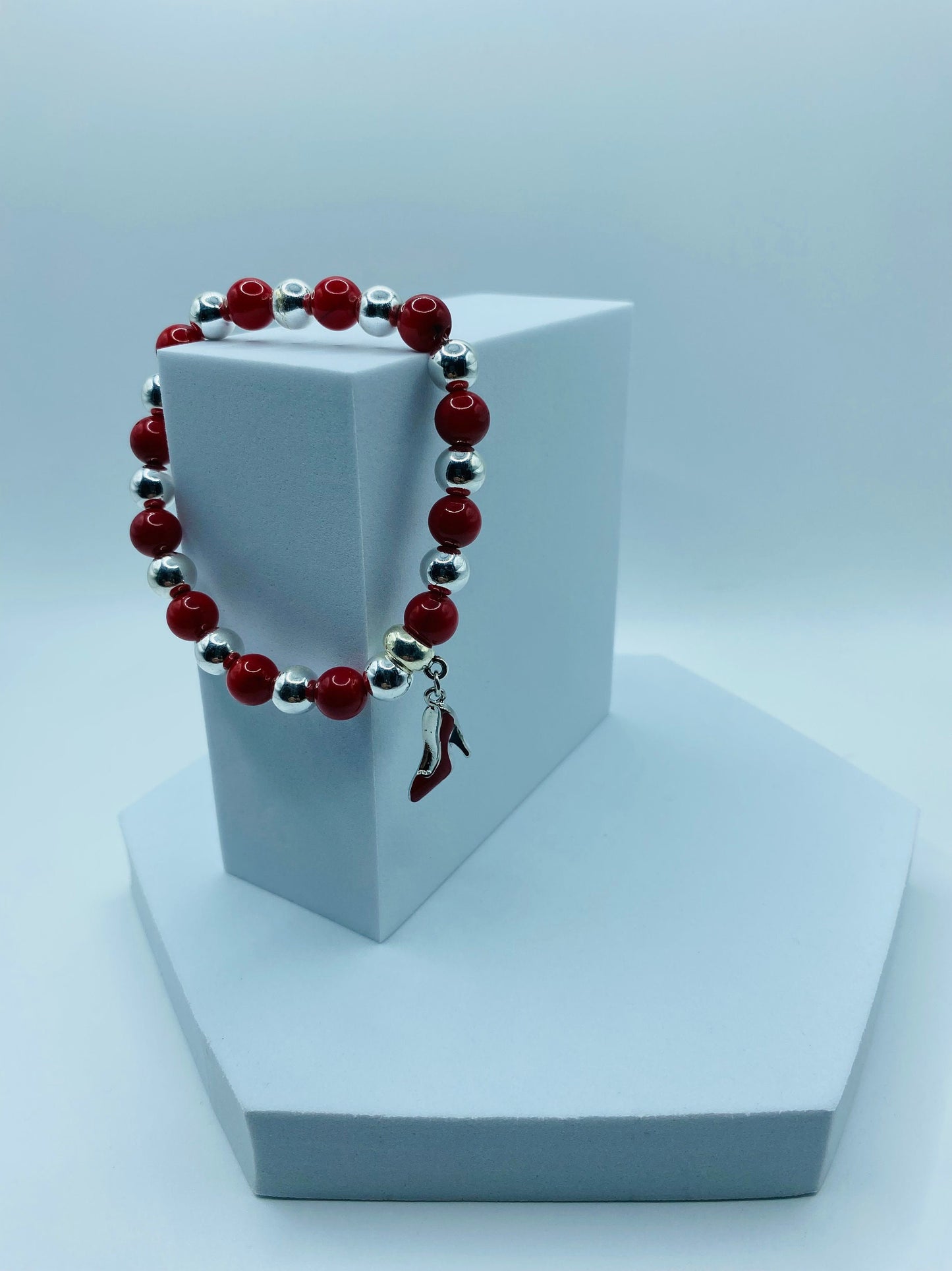 Red Coral Shoe Charm Bracelet: Silver Hematite Gemstone Beads
