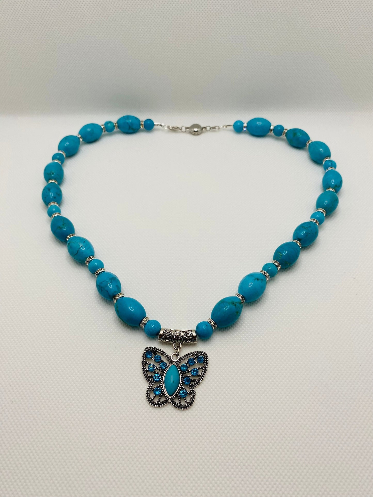 Turquoise Necklace: Butterfly Pendant, Rhinestone Accents