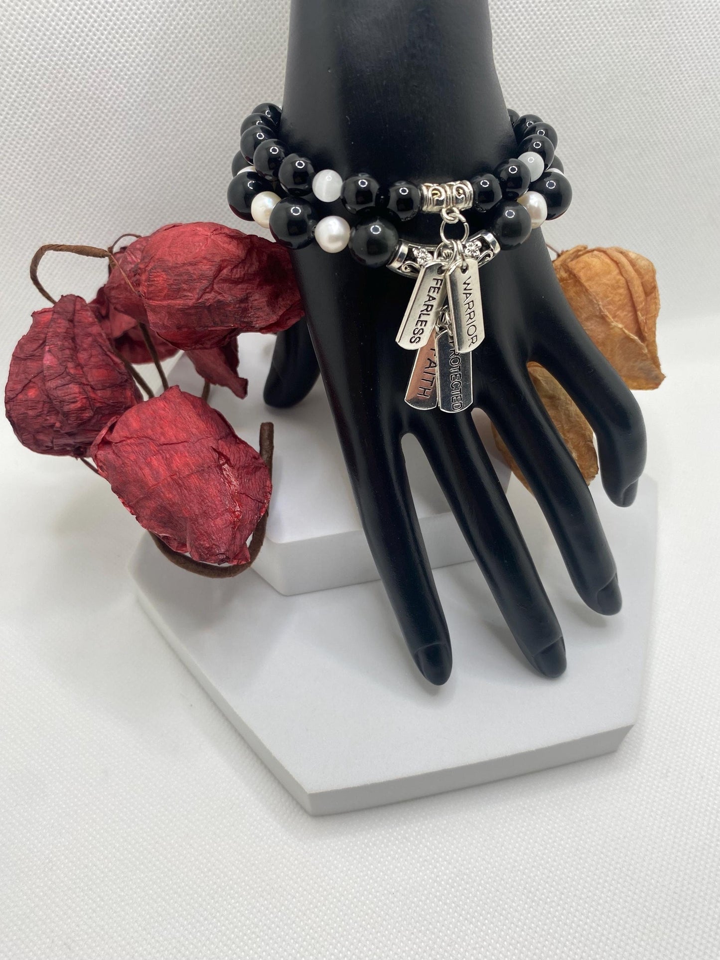 Obsidian & Pearl Charm Bracelet: Stainless Steel Inspirational Quotes